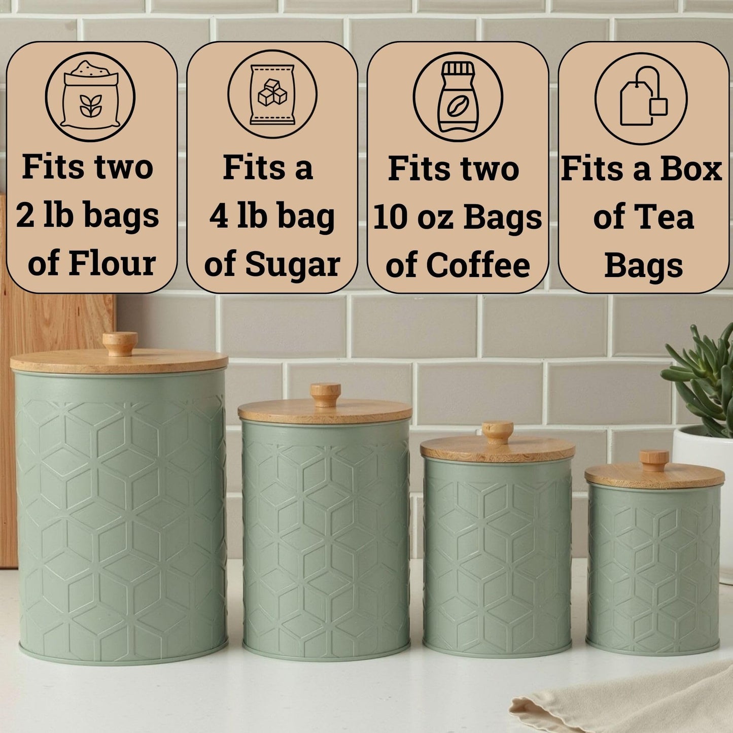 Kitchen Canisters for Countertop Set of 4 - Textured Iron Kitchen Canisters with Airtight Lids - Flour Sugar Canister Set - Flour and Sugar Containers Farmhouse - Coffee Jar for Counter - Sage Jar x4