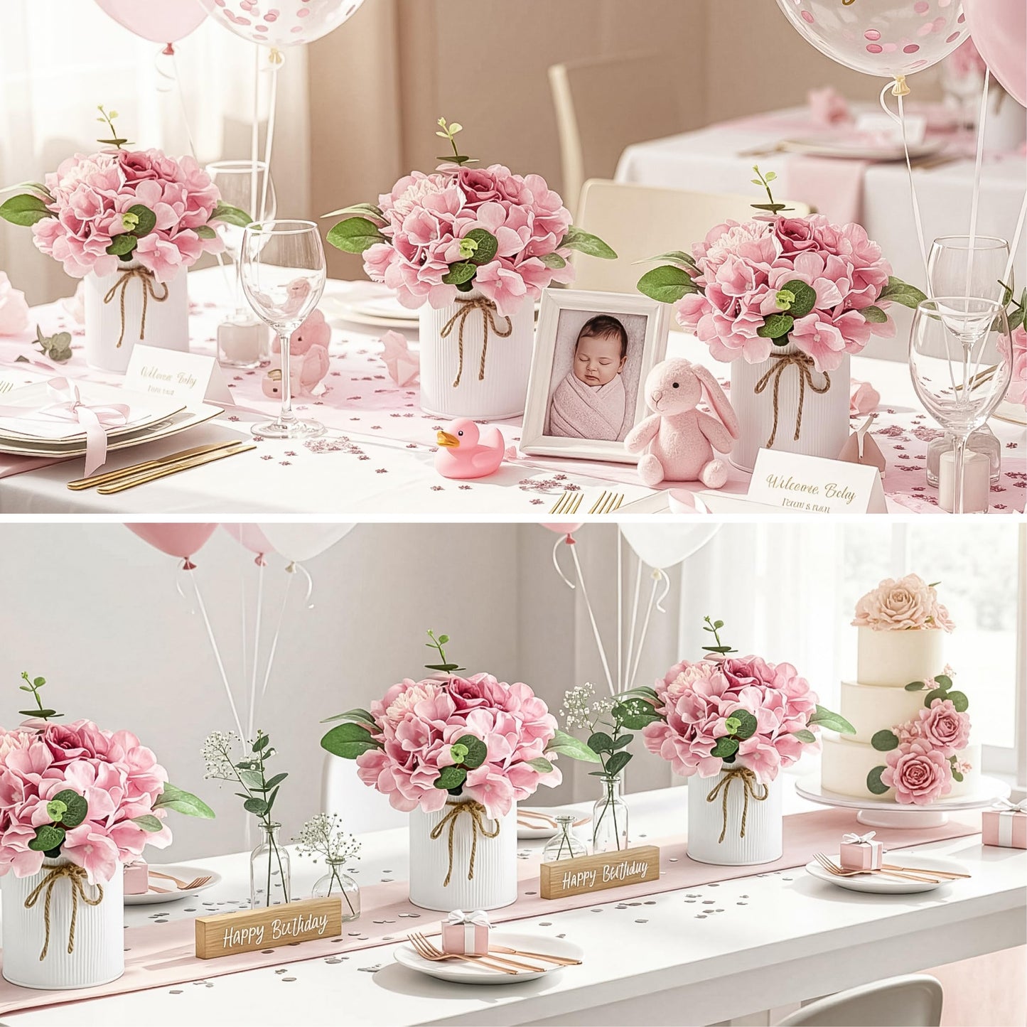 Auihiay 10PCS Flower Table Centerpieces, Hydrangea Artificial Flowers with Vase, Faux Silk Hydrangea Flowers Arrangement for Spring Wedding Table Centerpiece Floral Vase Home Office Decor (Pink)