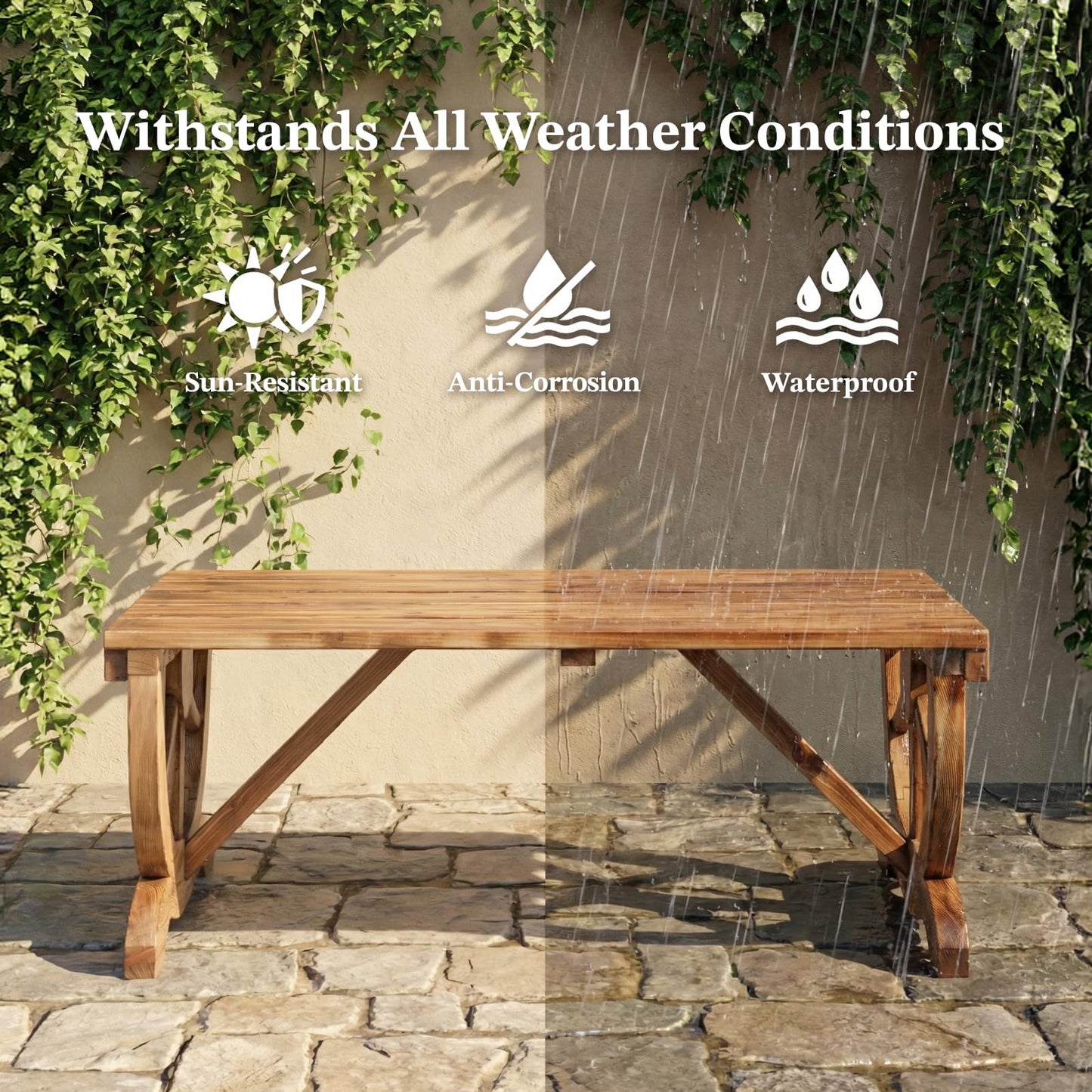 Outvita 39'' Outdoor Wooden Bench, 2-Person Rustic Wagon Wheel Bench with Slatted Seat and Carbonized Fir Wood Construction, Weather-Resistant Garden Bench for Patio, Porch and Backyard(Light Brown)
