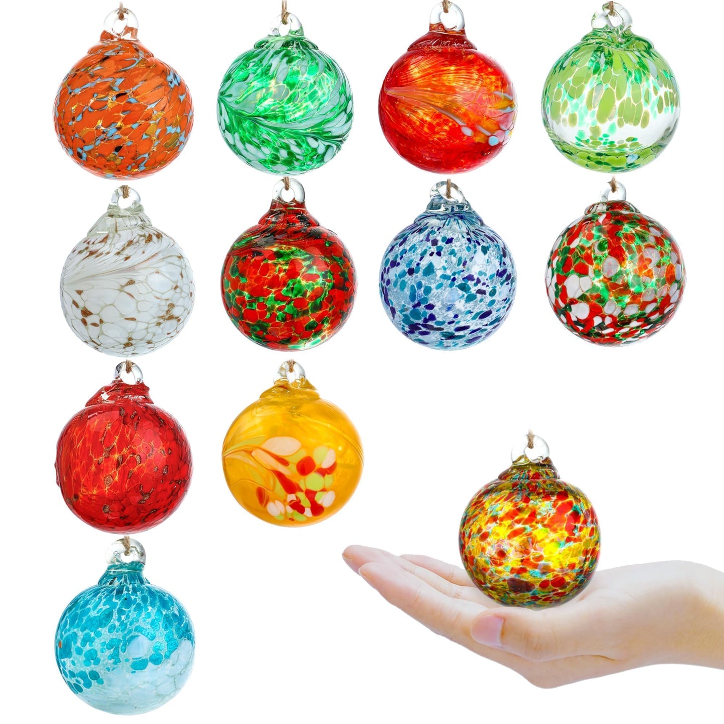 Set of 12 Hand Blown Glass Ball Ornaments Decorative Hanging Ornaments Glass Gazing Balls Witches Balls Decor for Outdoor Patio Garden Window