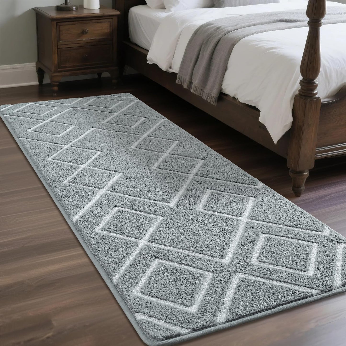 Rtizon Soft Runner Rug, 2x6Ft Moroccan Non-Slip Carpet for Bedroom, Geometric Small Area Rugs with Memory Foam for Living Room Office Bedside Dorm Hallway, Grey and White