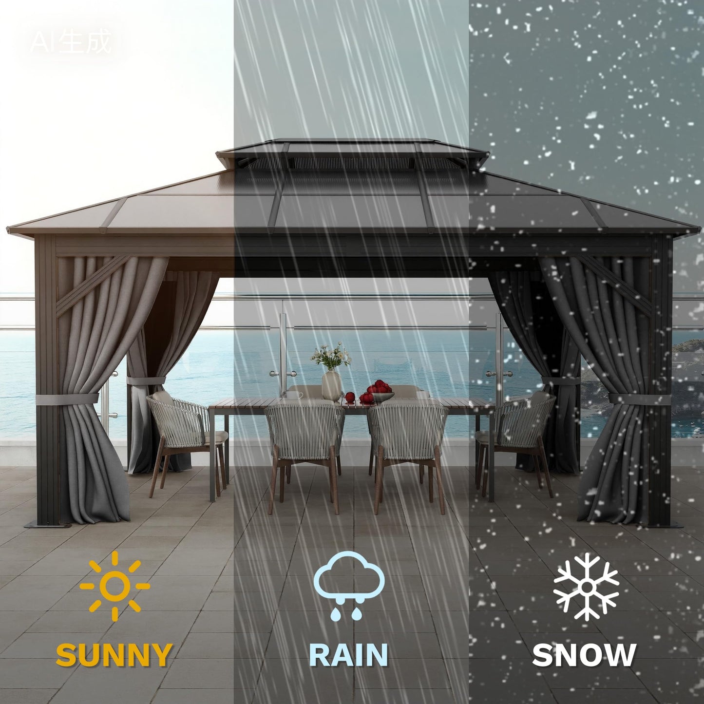 DWVO 10x12ft Gazebo Hardtop Double Roof Polycarbonate Canopy Outdoor with Netting and Shaded Curtains, Aluminum Frame Garden Tent for Patio, Backyard, Deck and Lawns, Gray