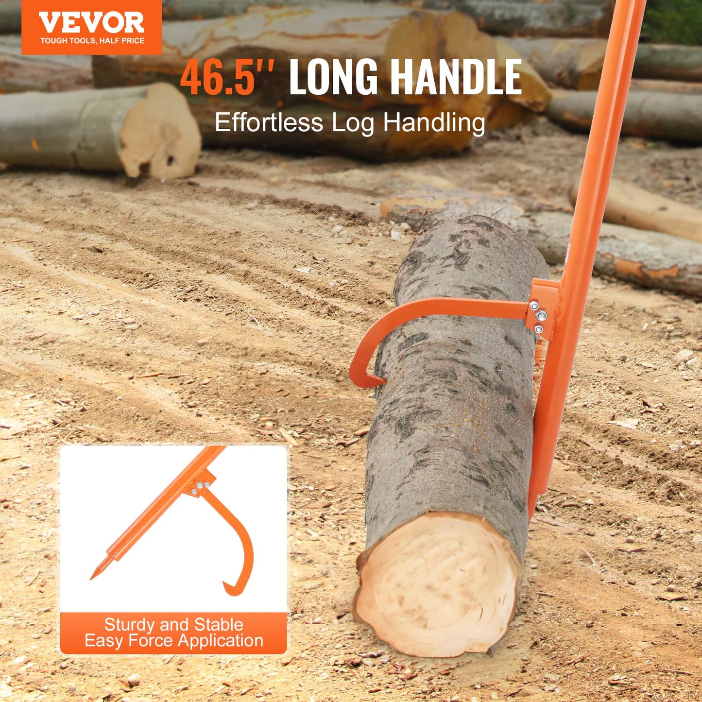 VEVOR 46.5" Log Lifter, Adjustable Heavy Duty Log Roller Cant Hook, Opening Felling Log Roller with Rubber Grip, Log Cant Hook Logging Tools for Rolling, Raising, Turning Logs up to 19" Dia