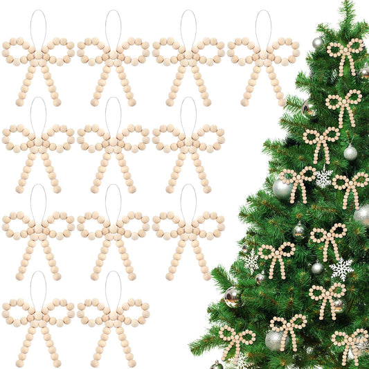 VioraWhite 12 Pcs Wooden Beads Bow Christmas Tree Ornaments - Christmas Tree Bead Bow Hanging Ornaments for Xmas Party Crafts, Wreaths, Gift Wrapping, Home Decoration(Wood Color)