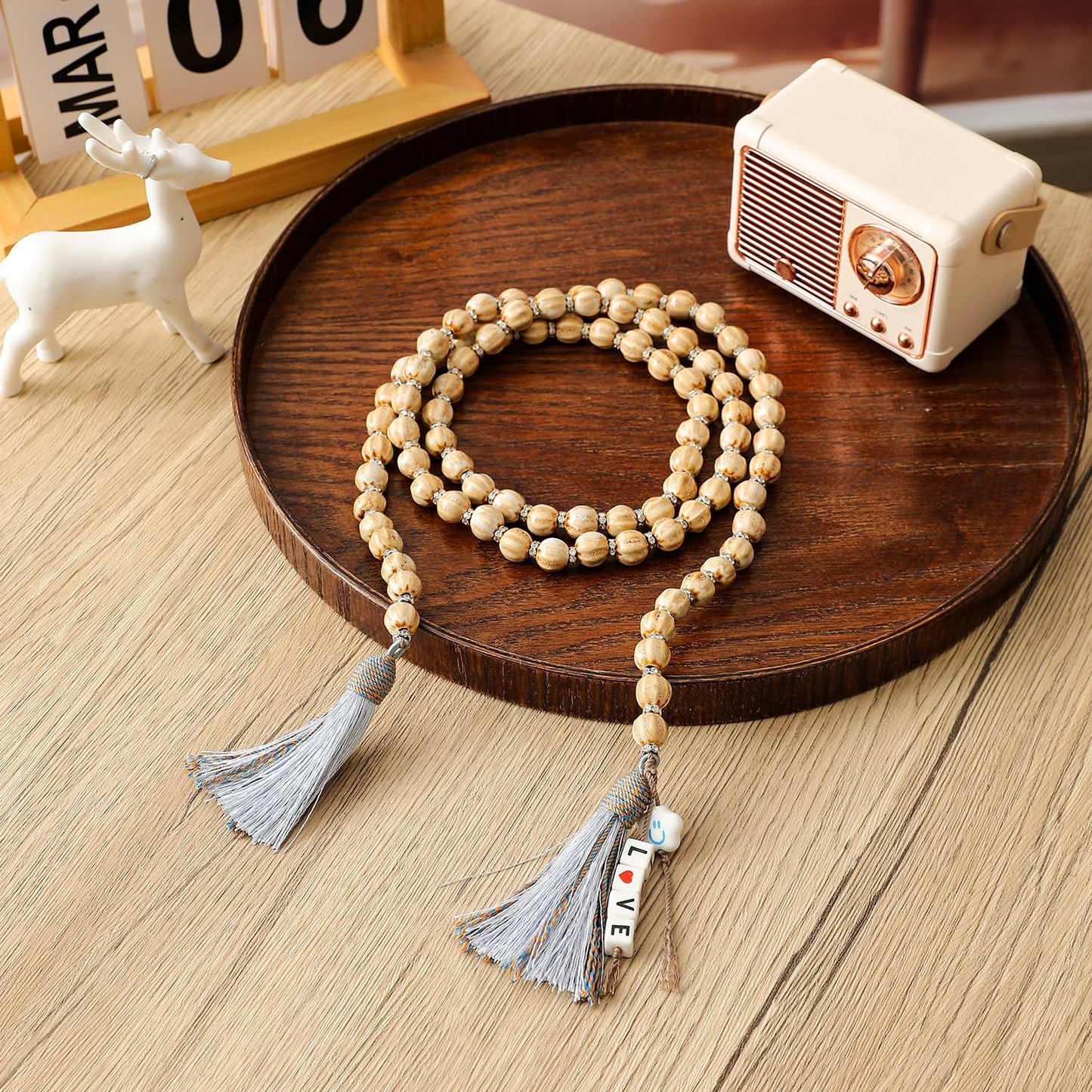 50in Handcrafted Ceramics Beads Garland with Tassels Farmhouse Rustic Ceramic Prayer Bead String Wall Hanging Accent for Boho Home Festival Decor Beige Bead
