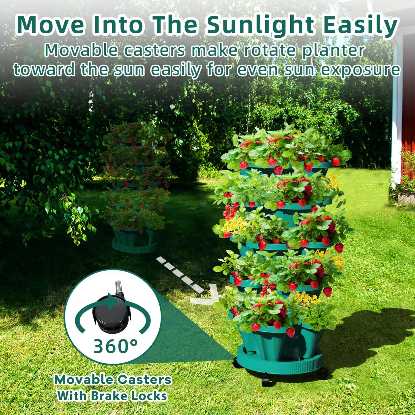 Tectsia Strawberry Vertical Planters Tower Garden, 5 Tiered Stacking Planter with Support Pole, Stackable Herb Vegetable Planters Indoor and Outdoor - Hunter Green