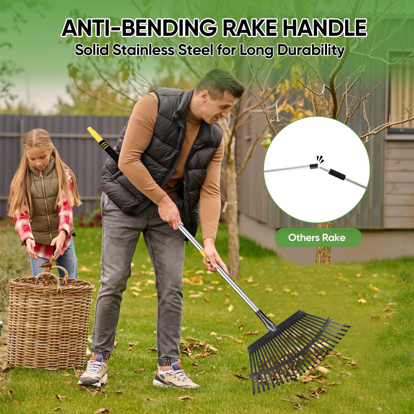 Coopvivi Rake Heavy Duty 6FT Long Garden Rake , 18.5 Inch Wide Leaf Rake for Lawns, 25 Metal Tines, Adjustable Stainless Steel Handle, Rakes for Leaves, Yards, Grass, Garbage, Weeds, Debris (Yellow)