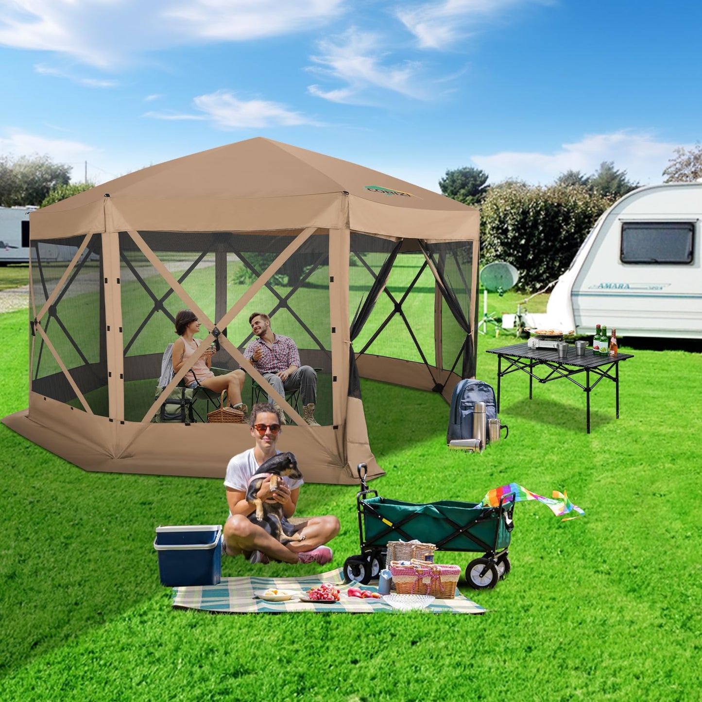 COBIZI 15x15 FT Pop Up Gazebo - Canopy Tent, Large Gazebos On Clearance, Hot tub Screened in Gazebo,carpas para Patio,Portable Screen Tents for 12-15 Persons Outdoor Camping, Backyard, Khaki