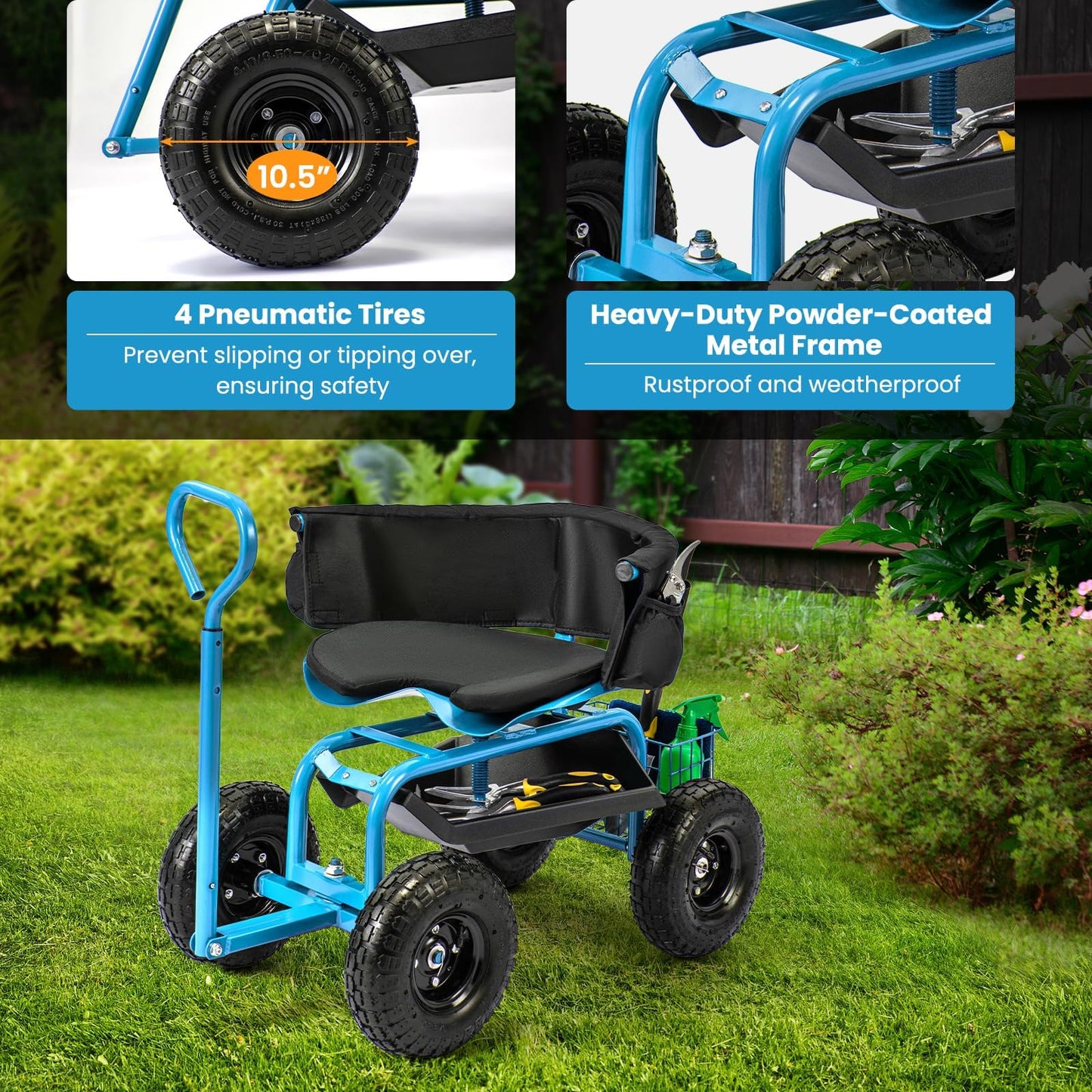 ERGOMASTER Rolling Garden Seat with Wheels, Adjustable 360° Swivel Workseat and Storage Basket, Extendable Handle, Outdoor Gardening Wagon Scooter, Blue