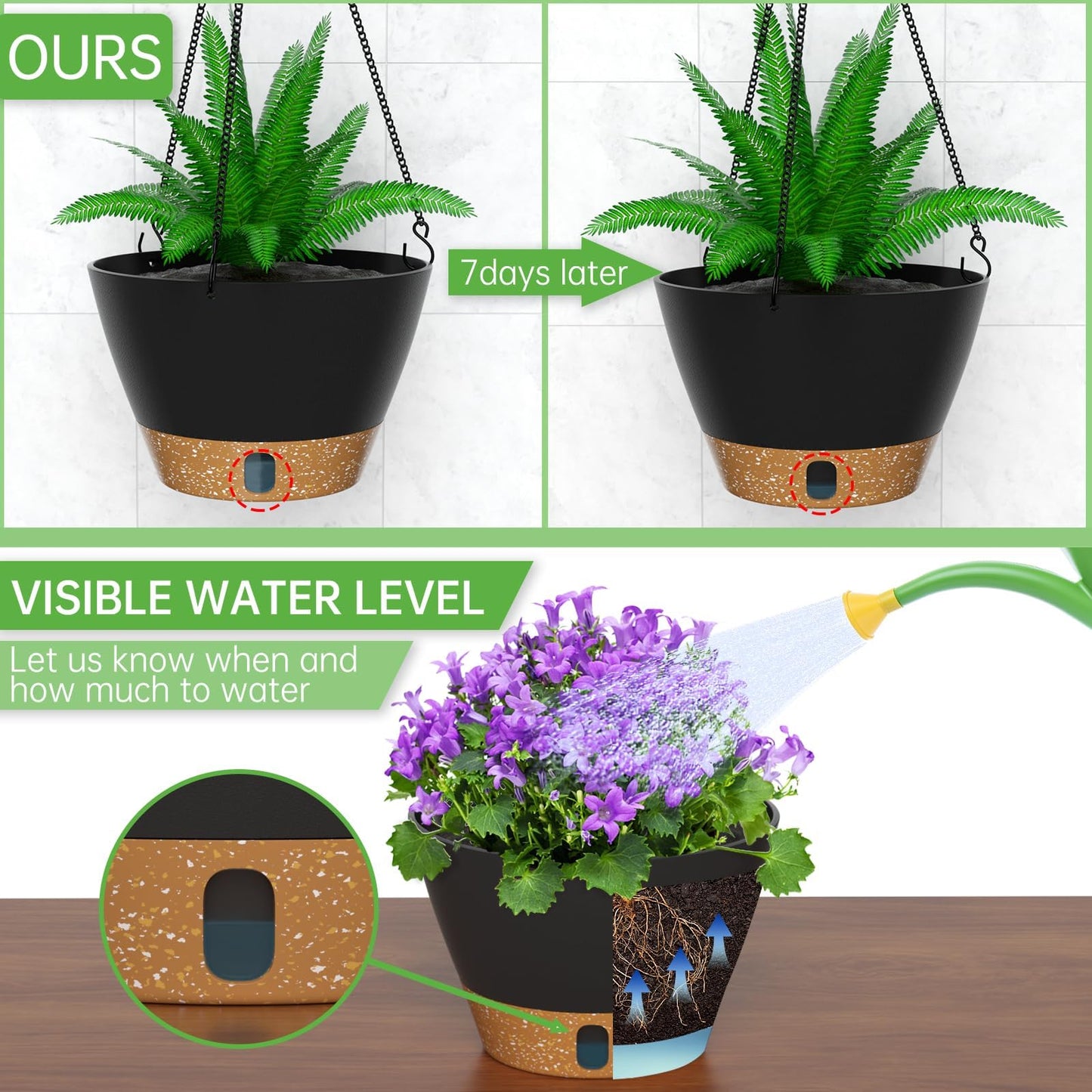 ZMTECH 2 Pack 8 Inch Hanging Planters for Indoor Plants, Modern Gray Hanging Planter with Visible Water Level Window & Removable Tray, Decorative Plant Hanger Indoor for Home Decor