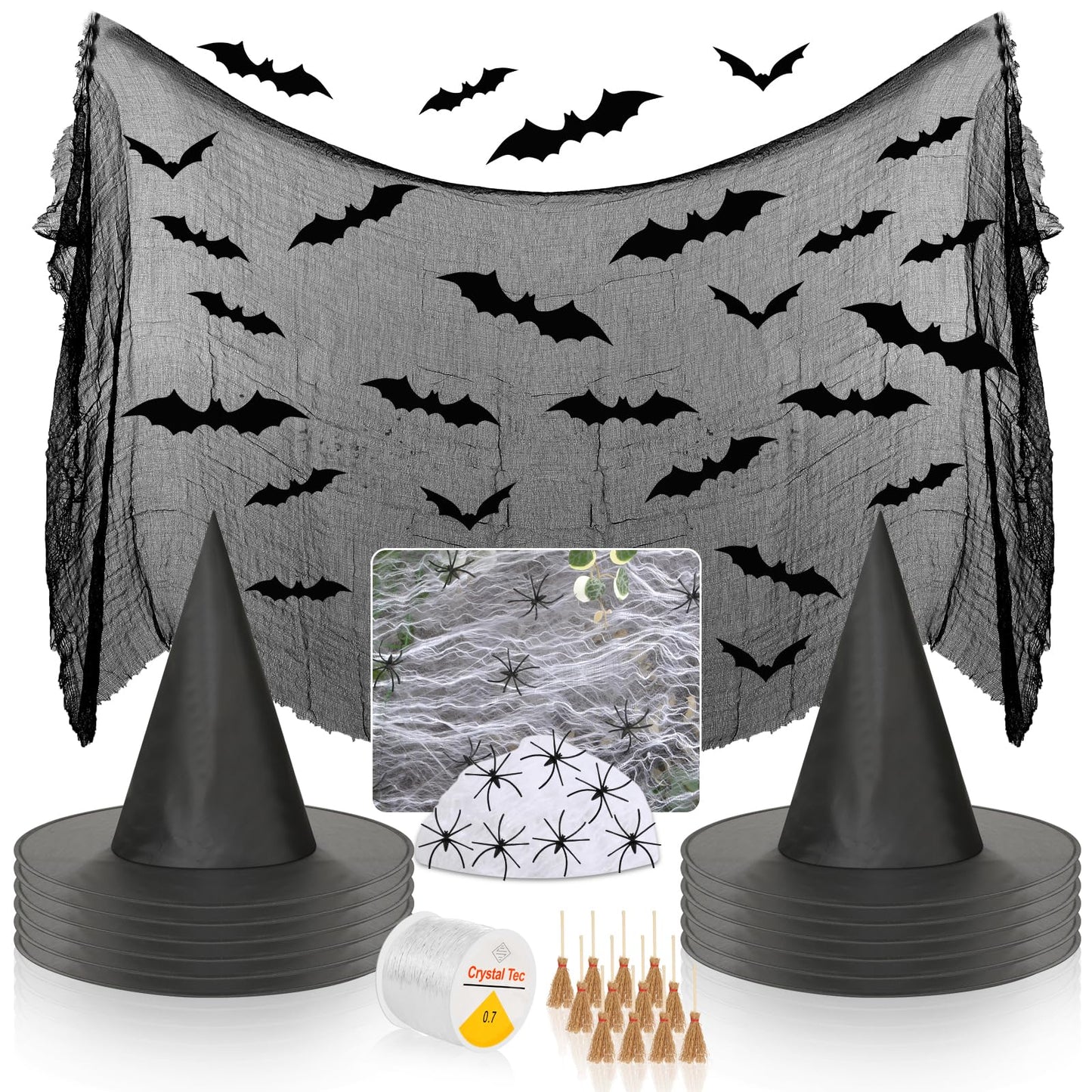Sublaga 75 Pcs Halloween Decorations Kit, Halloween Witches Hats Black | Hanging Witch Hats Decorations with Spider Web and 18 Pieces Bats Decorations, 30 Pcs Spiders, 12 Brooms Halloween Decor