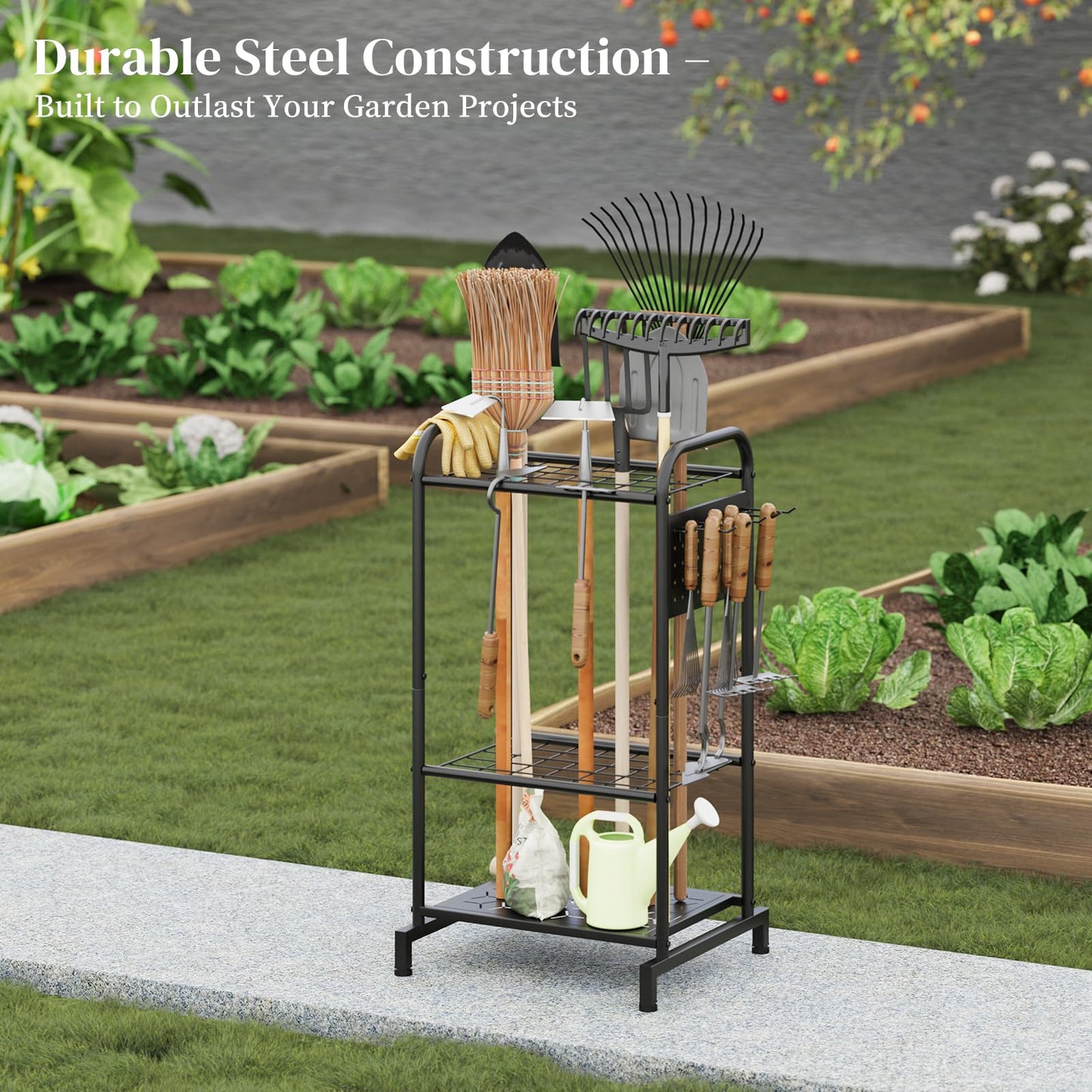 PULIJIAJU Garden Tools Organizer Rack, Yard Tool Rack, Heavy Duty Steel Yard Tool Organizer and Storage Holder Broom Holder for Shed, Patio, Outdoor (Rack with Hooks)