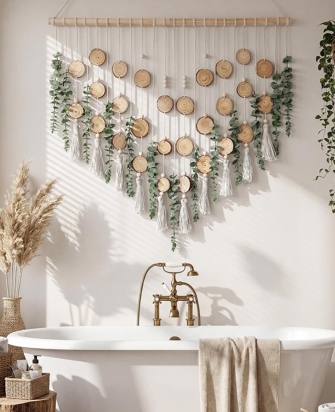 Tempospark Artificial Eucalyptus Wall Decor Hanging, Boho Bathroom Wall Decor, Fake Greenery Leaves Stems with Wood Slices Tassels on 33.1" Stick, for Living Room, Bedroom, Kitchen, Home Office