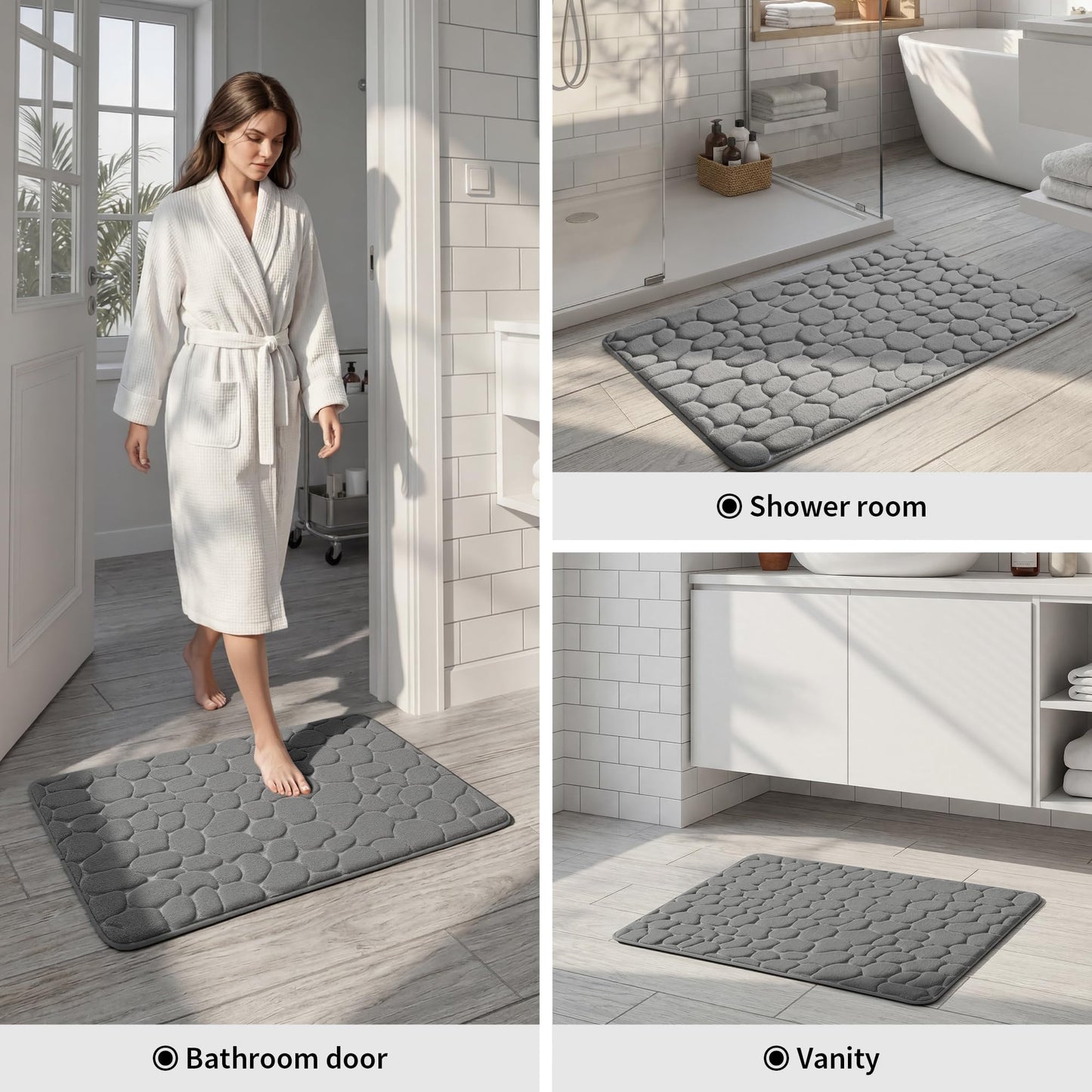 YIHOUSE Bathroom Mat Rug, Memory Foam Bath Mat, Non-Slip Bathroom Floor Mats, Cobblestone Bath Mats Absorbent Bath Rugs Washable Quick Dry (17x24,Dark Gray)