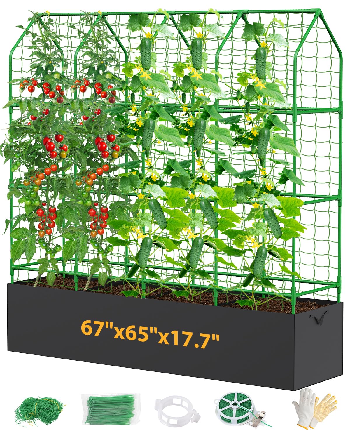 65" Cucumber Planter with Trellis for Climbing Plants Outdoor, Metal Garden Trellis for Raised Bed, Plant Support Structures with Netting for Cucumbers Tomatoes Beans Peas (67 * 17 * 65inch(L*W*H)