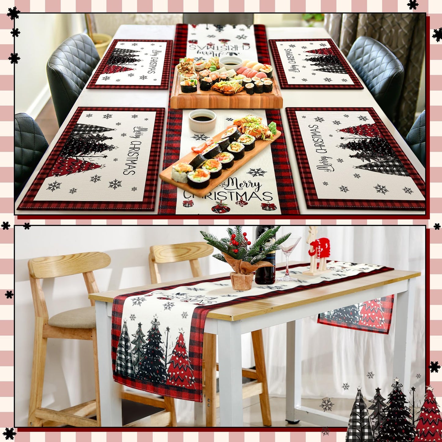 Patelai 7 Pcs Christmas Table Runner and Placemats Set Merry Christmas Buffalo Plaid Table Runner Xmas Placemats Red Black for Holiday Kitchen Dining Room Decor Party Wedding Decoration
