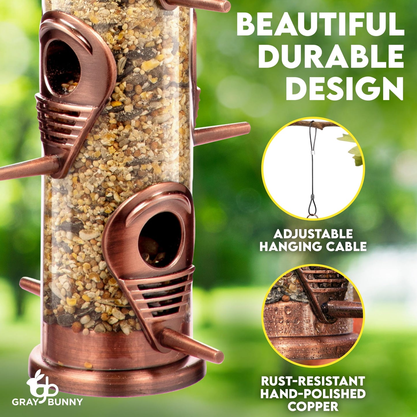 Bird Feeder for Outdoors (Brushed Metal Copper) Hanging Bird Feeders with Locking Lid & Adjustable Hanger, Chew-Proof, Weather Resistant (15 Inches, 6 Port)