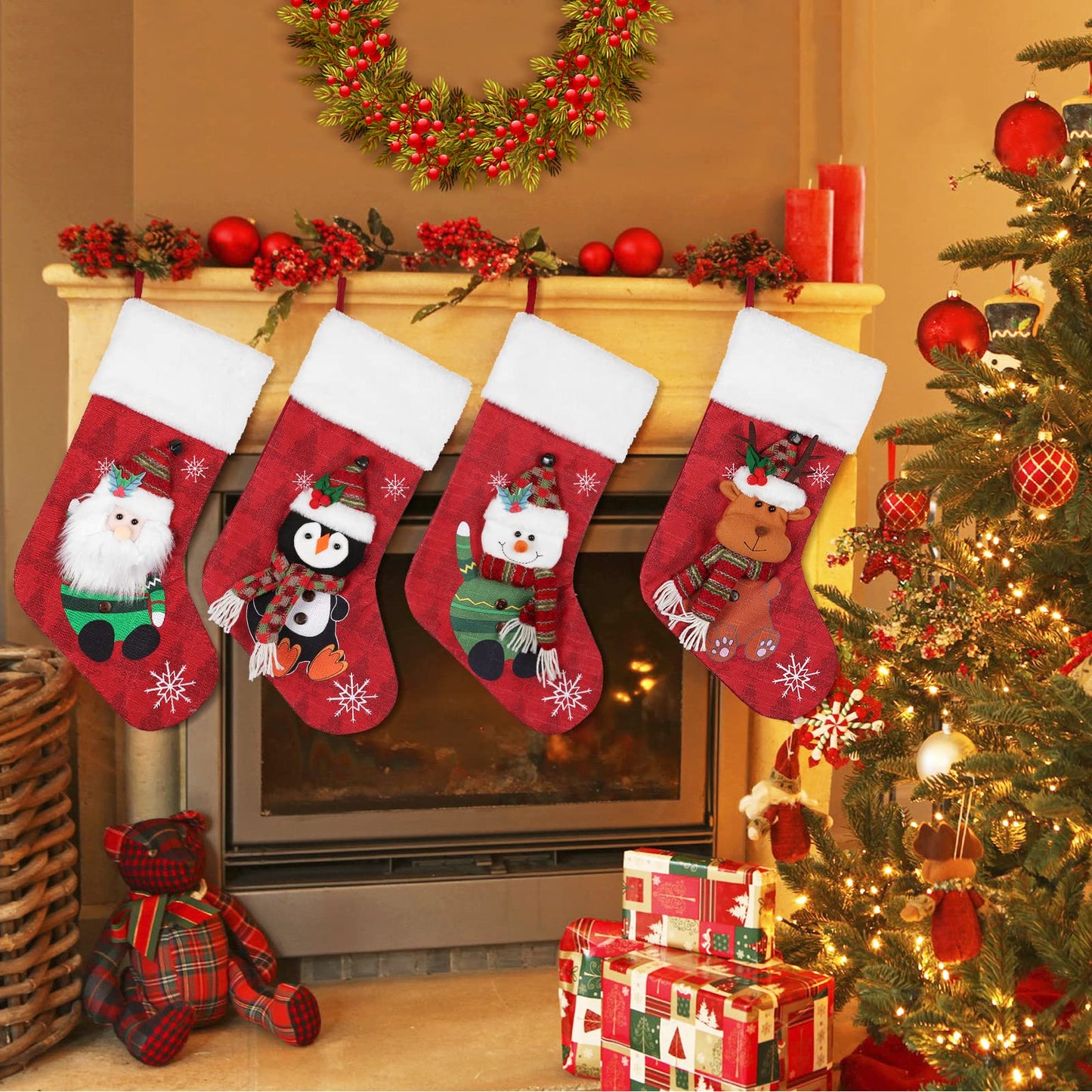 COOLWUFAN Christmas Stockings 4 Pack, 19'' Xmas Stockings with Snowflake Santa Snowman Reindeer Penguin and Plush Faux Fur Cuff Stockings for Stairs Fireplace Hanging Xmas Home Decor