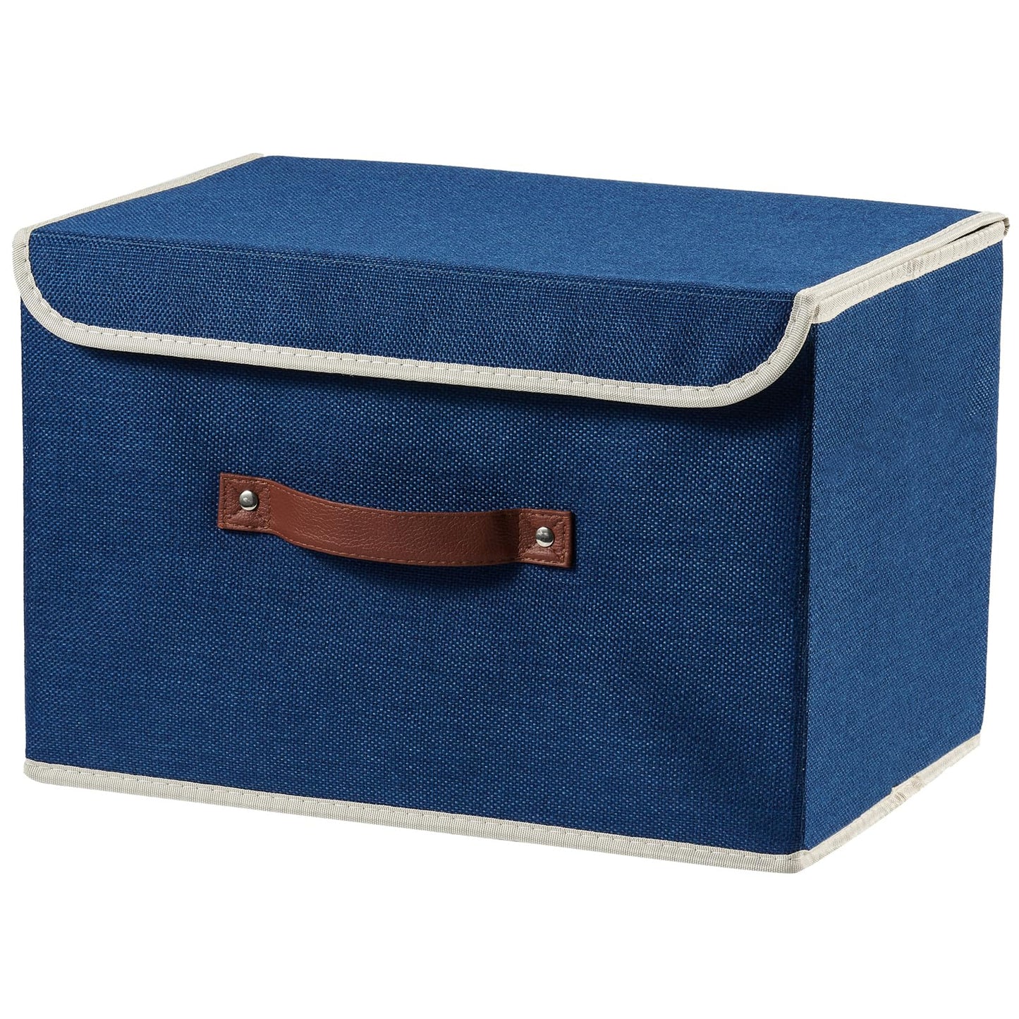 VinneGenzz Storage Boxes with Lid Cotton Linen Fabric Storage Bins Organizer Container Decorative Collapsible Washable Shelf Baskets Faux Leather Handles for Home Bedroom Closet (Deep Blue, Large)