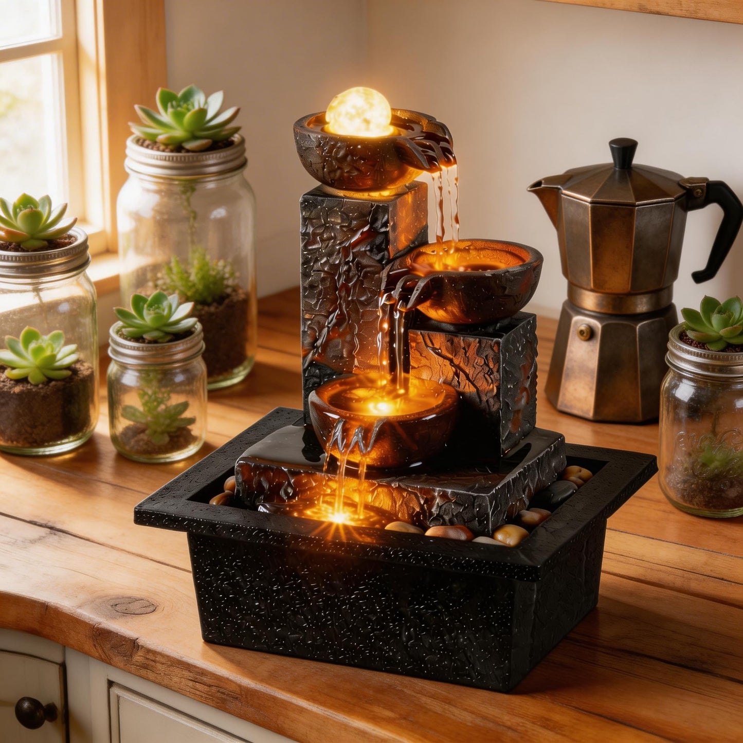 Tolevoit Three Bowls with Rotating Ball Flowing Tabletop Fountain Home Décor Indoor Decor Waterfall Sound Zen Mini Fountain Warm Led Light Pebbles Stone(23114)