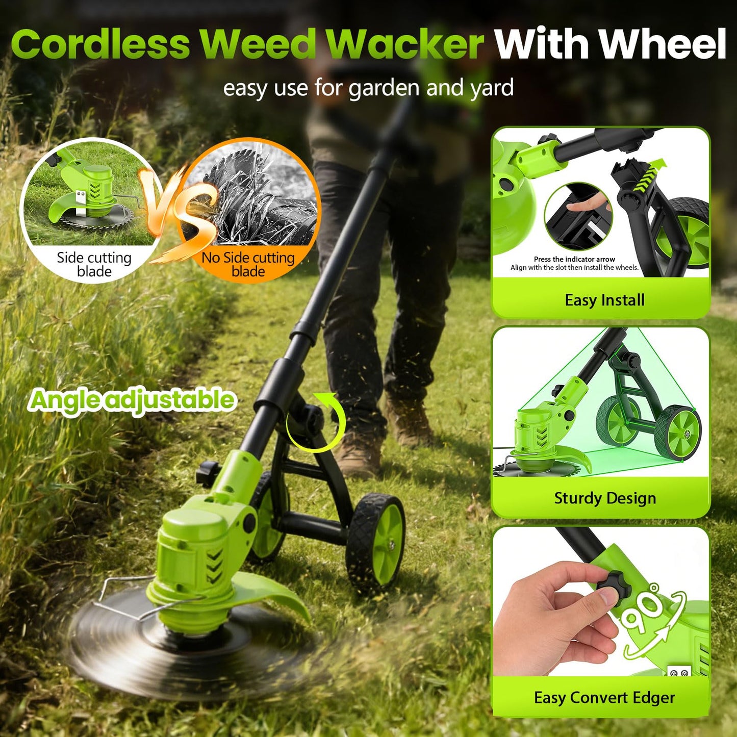 Electric Weed Wacker Cordless with Wheel, 4 in 1 Weed Eater Battery Powered Brush Cutter String Trimmer Edger, 4000mAh Stringless Weed Trimmer Lightweight Grass Trimmer Mower