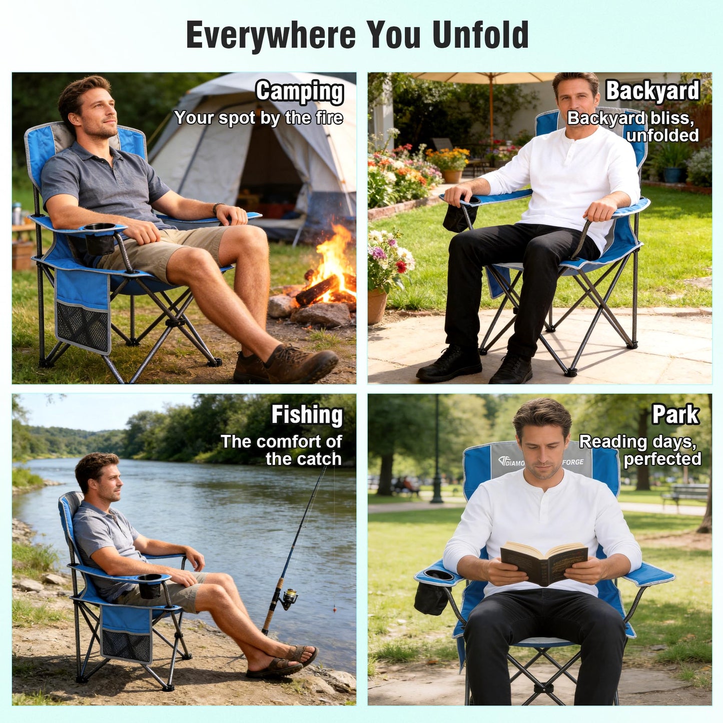 High Back Camping Chair for Adult, Portable Folding Camp Chair, Outdoor Camping Chair with Wide Cup Holder, Side Pocket for Hiking Fishing Sports, (Blue Grey)