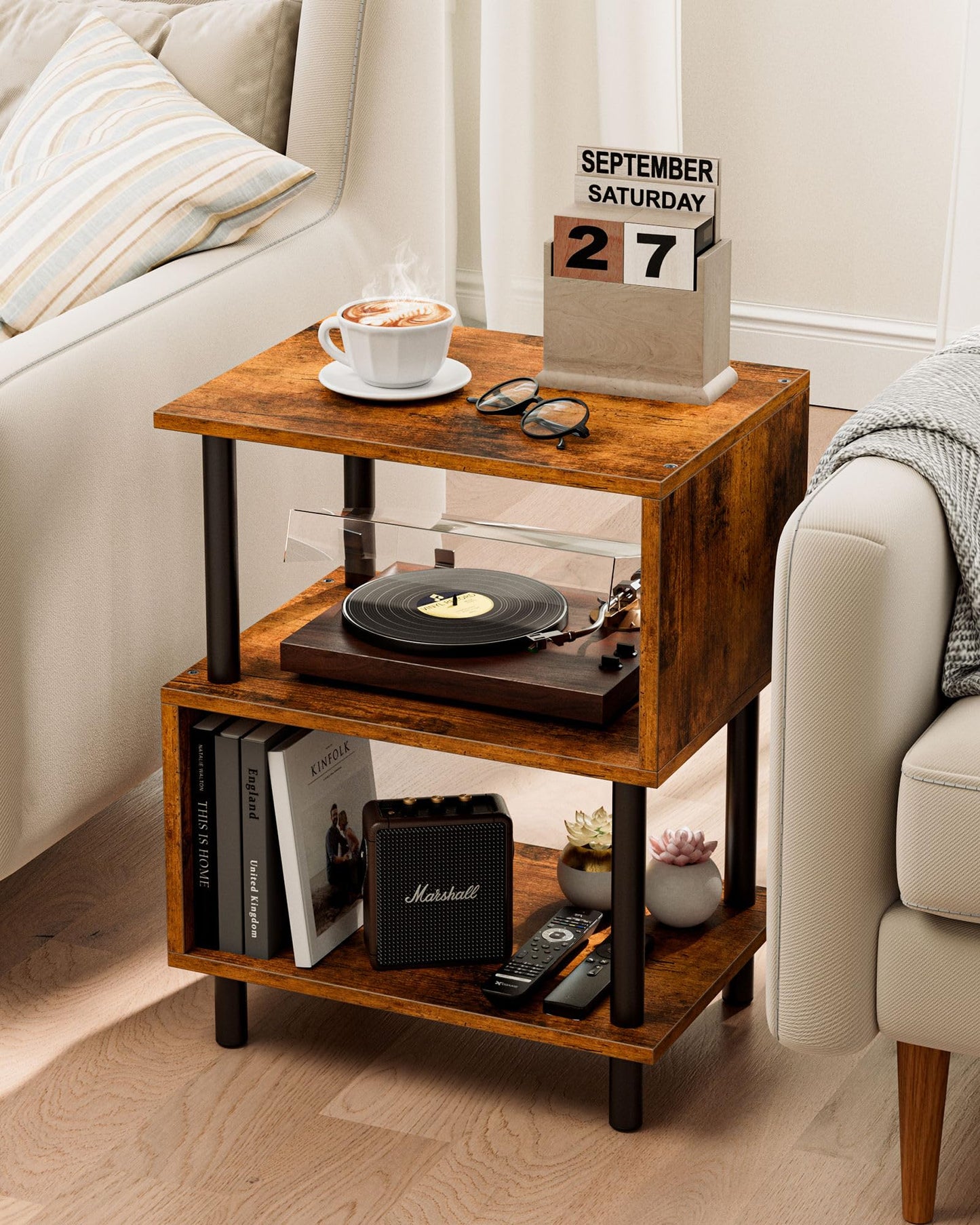 Frylr Small Side Table, End Table and Nightstand with 3-Tier Wood Shelves, Sturdy Metal Frame with 44 LBS Capacity per Shelf, Easy to Assemble for Living Room or Bedroom,Rustic Brown