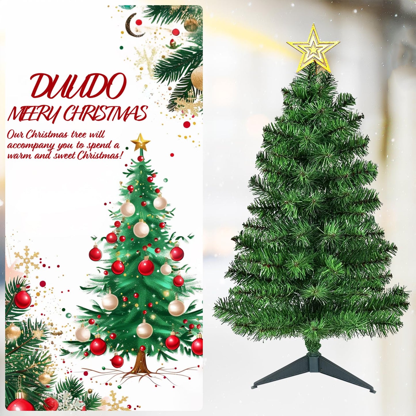DUUDO 3FT Premium Hinged Artificial Holiday Small Mini Christmas Tree for Tabletop,Home, Office, Indoor and Outdoor Holiday Decoration,Easy Assembly Metal Hinges & Foldable Base
