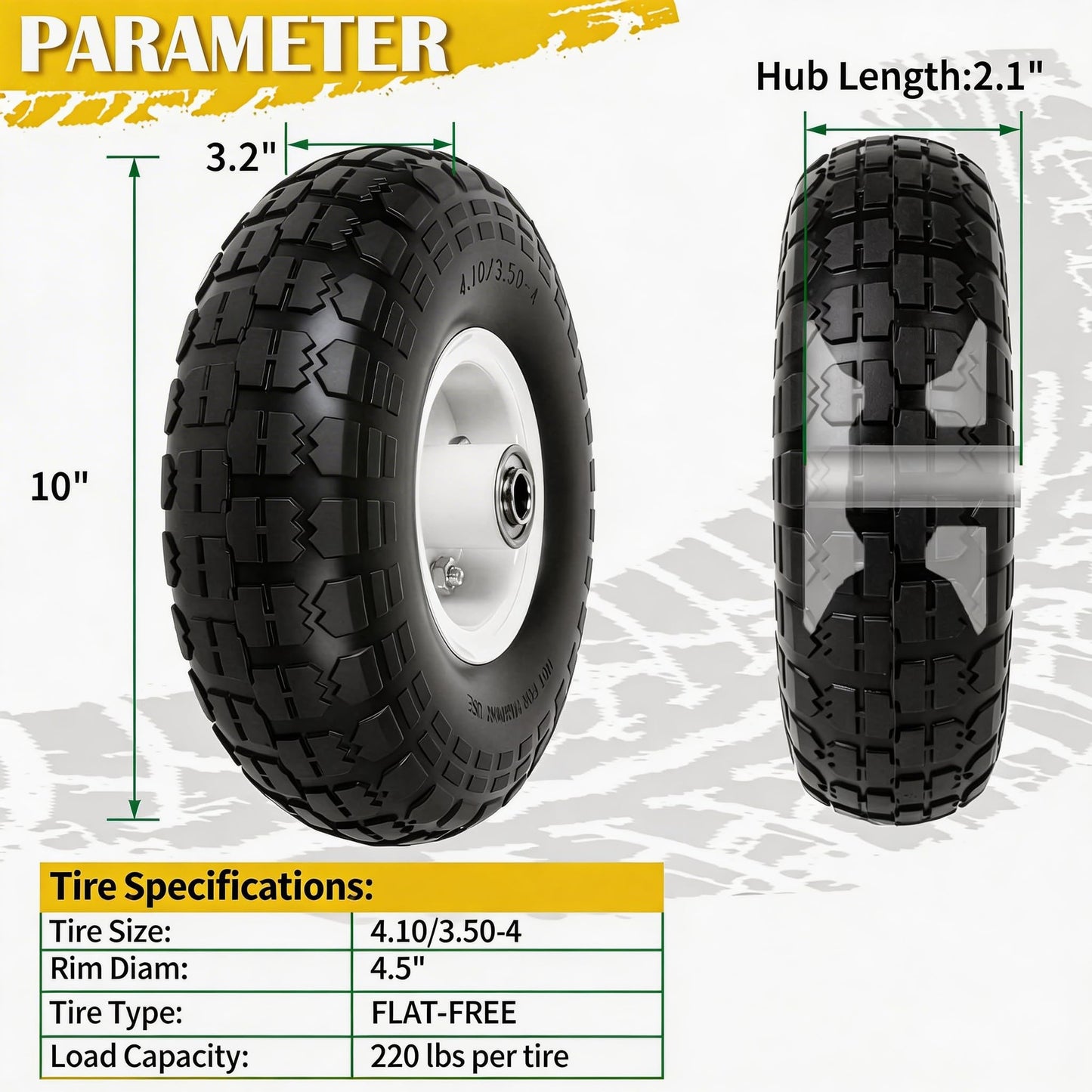 4.10/3.50-4 Tire and Wheel Flat Free, 10" Solid Tire 220LB Capacity Each, with 5/8" Bearings and 2.1" Offset Hub, for G orilla Cart, Garden Cart, Trailer, Dolly, Hand Truck, Wagon, 4 Pack, Silver