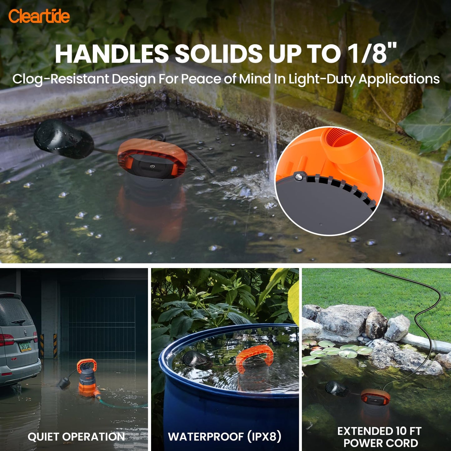 Cleartide Submersible Sump Pump with Tethered Float Switch, 1/4 HP Utility Water Pump,100% Copper Motor, Electric Drain Pump Handles 1/8" Solids, 10 FT Cord