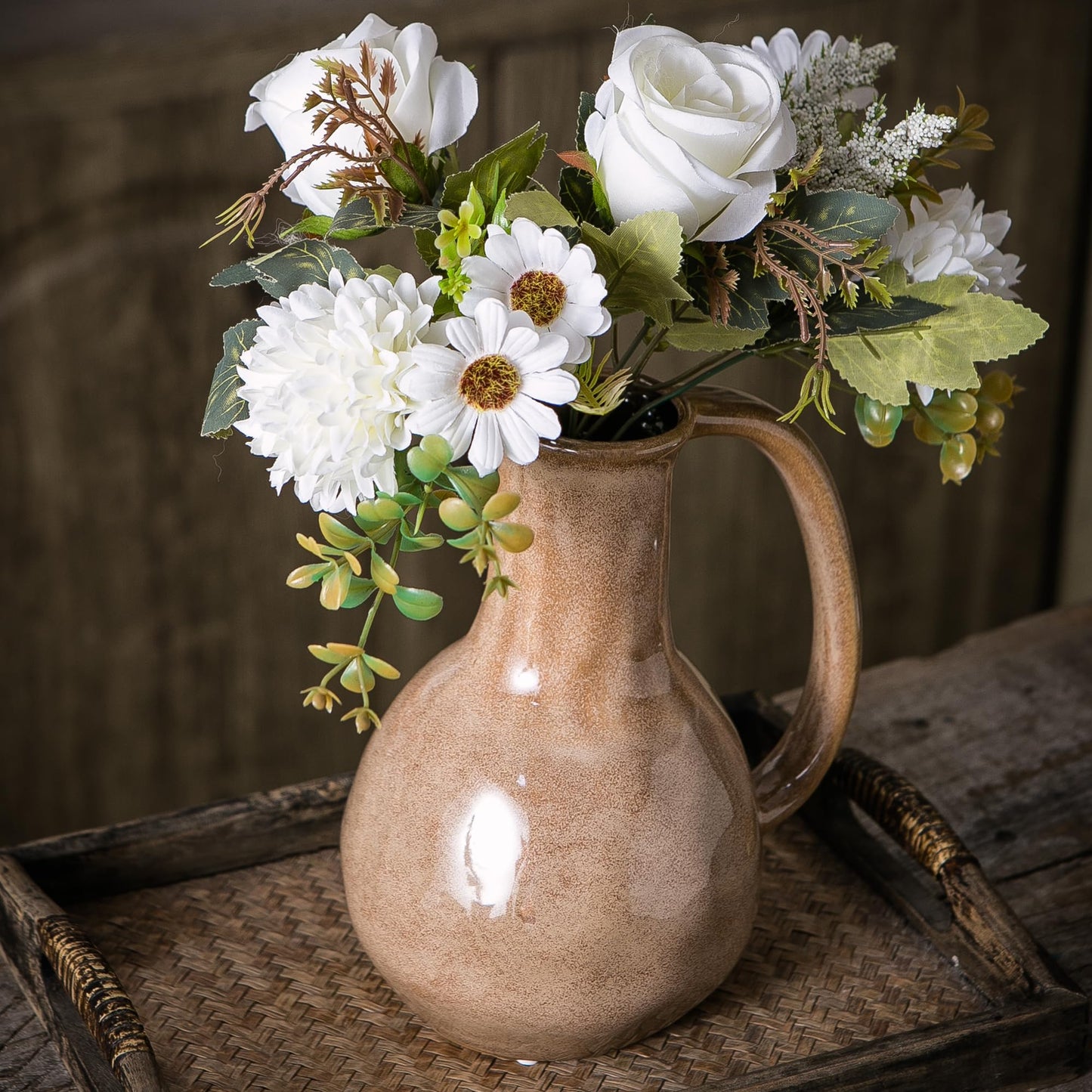 Tanvecle Brown Ceramic Vase with Big Handles, Modern Farmhouse Decor, Rustic Pottery for Flowers, Decorative Terracotta Centerpiece for Dining Table
