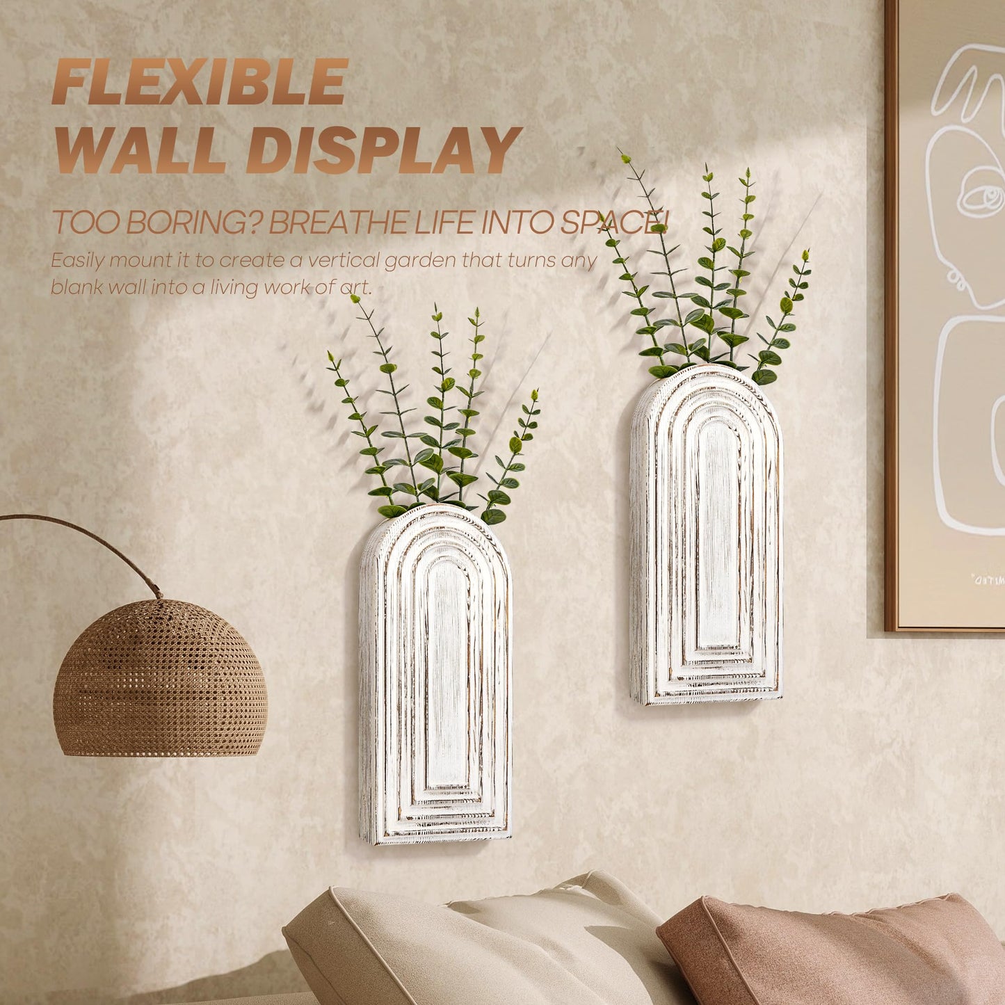 EOSAHR Pine Wood Wall Vases Set of 2 – Farmhouse Wall Decor for Living Room, Bedroom & Office – Hanging Planters for Indoor Plants & Artificial Flowers, Best Boho Chic Decor Accent (Whitewash)