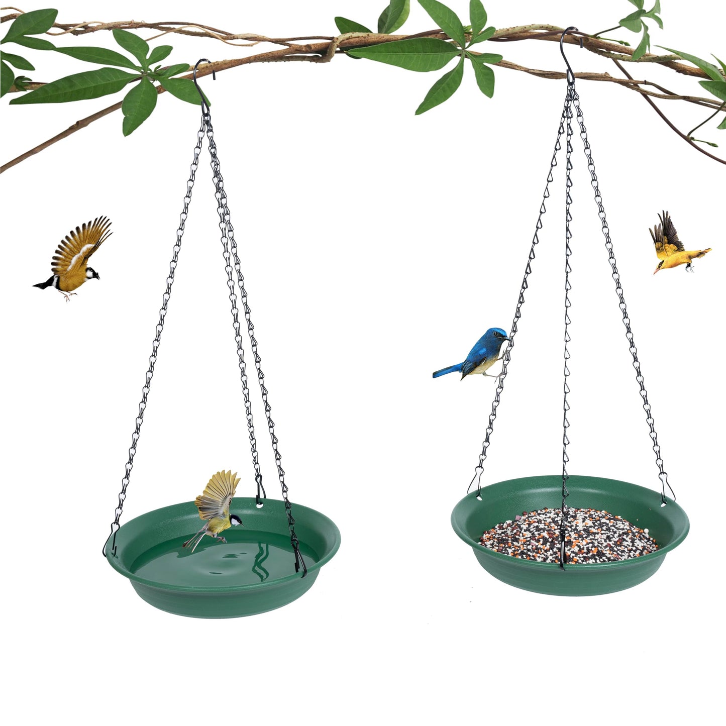 VUWEZ Hanging Bird Feeder & Bath for Outdoors, Wild Bird Feeders Tray, Hanging Birdfeeder Birdbath for Outside, Cardinal, Blue Jay, Crow, Birdfeeders Trays (10", 1 Pcs with Hole & 1 Pcs No Hole)