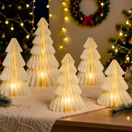 5 Pcs Christmas Table Decorations Indoor, 3D Honeycomb Paper Christmas Trees, Light Up Vintage Table Centerpieces for Christmas Winter Wonderland Holiday Party Weddings Home Decor, 8/10/12 Inch