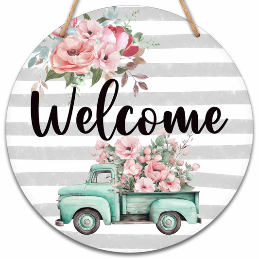 Welcome Sign for Front Door, Spring Round Hanging Sign With Rope, Floral Wall Decor For Farmhouse Home Front Door Porch, Housewarming Gifts for Family Friend, A19