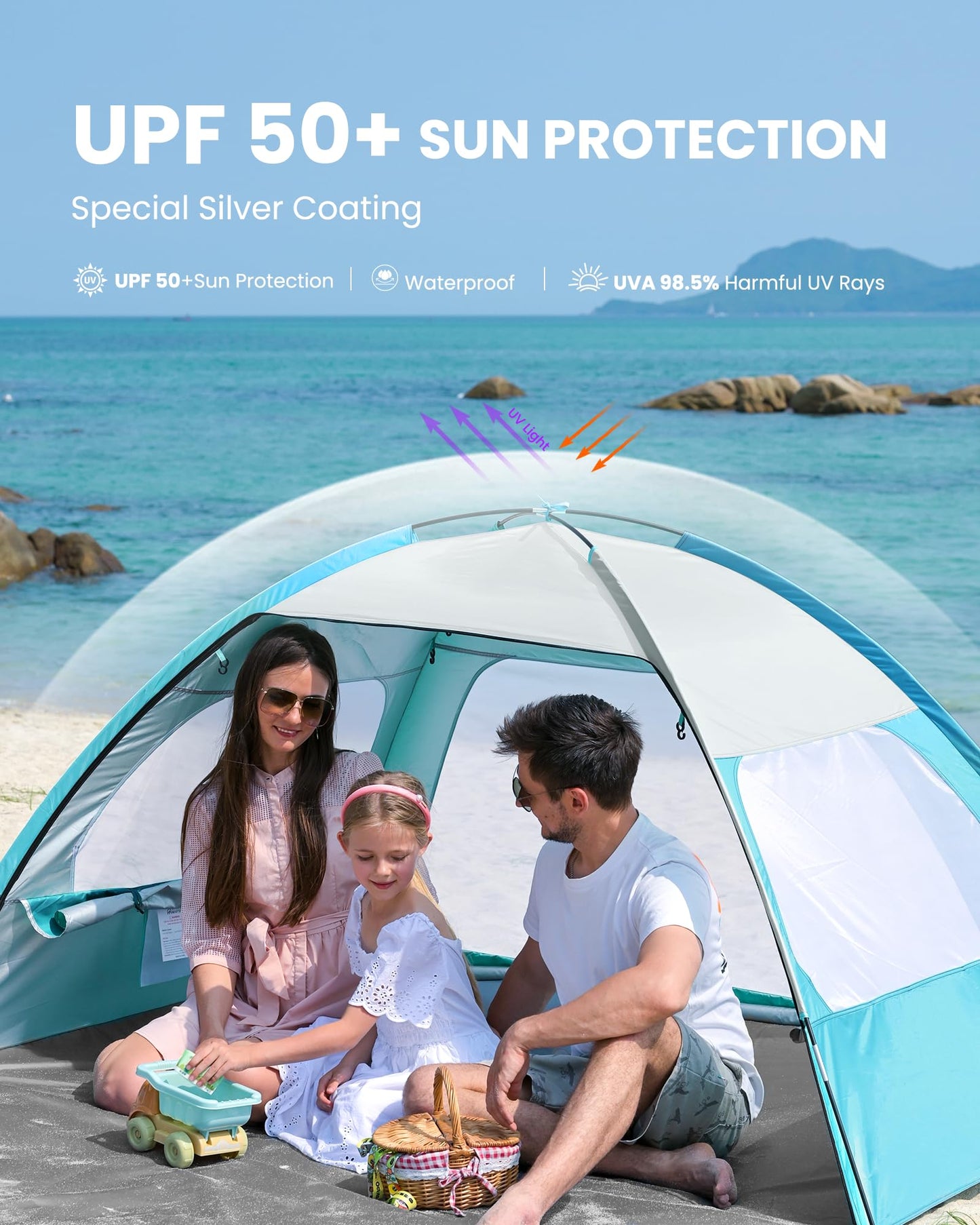 OutdoorMaster Beach Tent for 3/4 Person - Easy Setup Sun Shade Shelter, Portable Beach Shade Sun Canopy with UPF 50+ UV Protection, Removable Skylight Family Size - 3 Person Olive Green