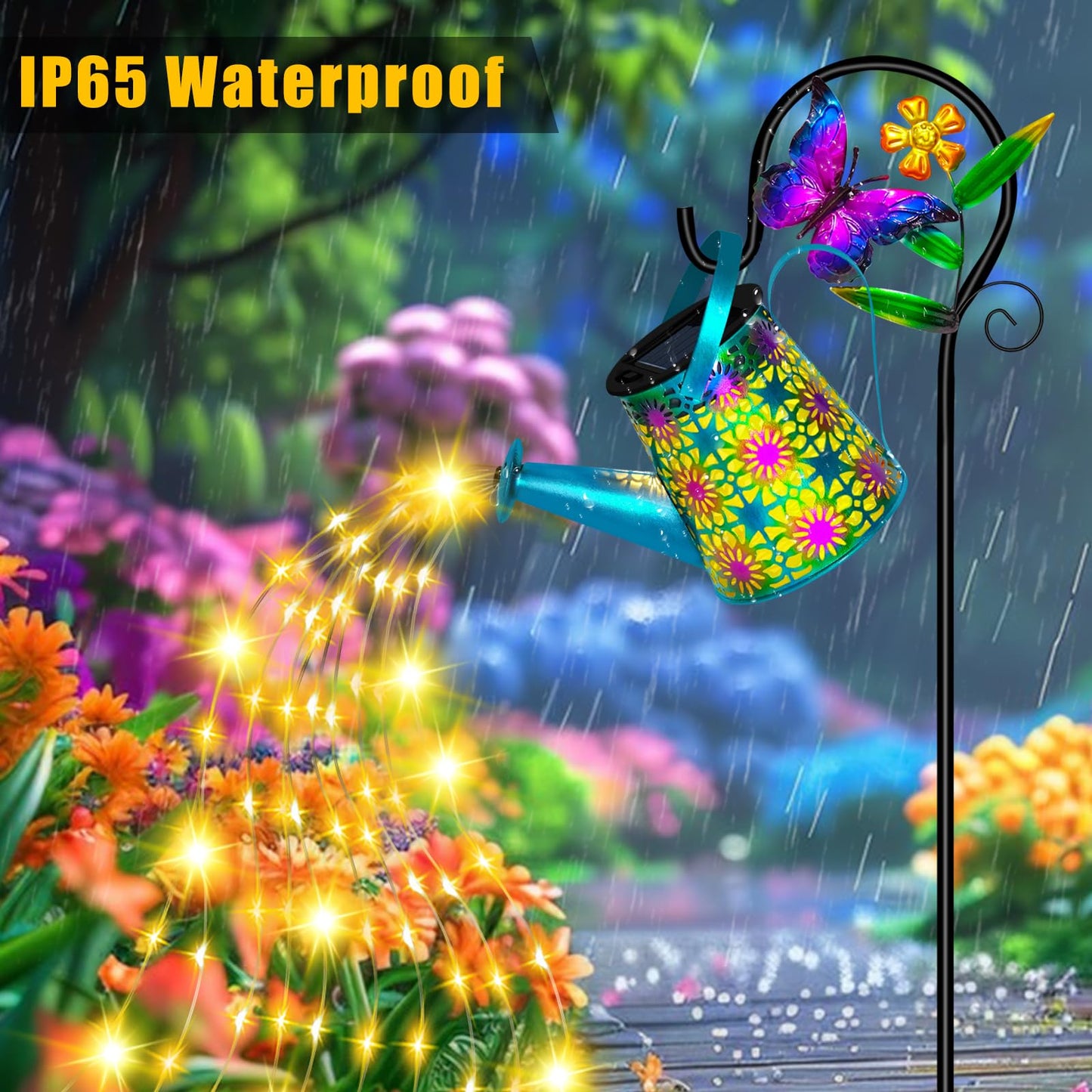 Solar Watering Can with Lights, Waterproof Solar Lantern with Butterfly Shepherd Hook, Hanging Garden Lights for Patio Yard Lawn Porch Outdoor Decoration, Unique Garden Gifts for Women Mom Birthday