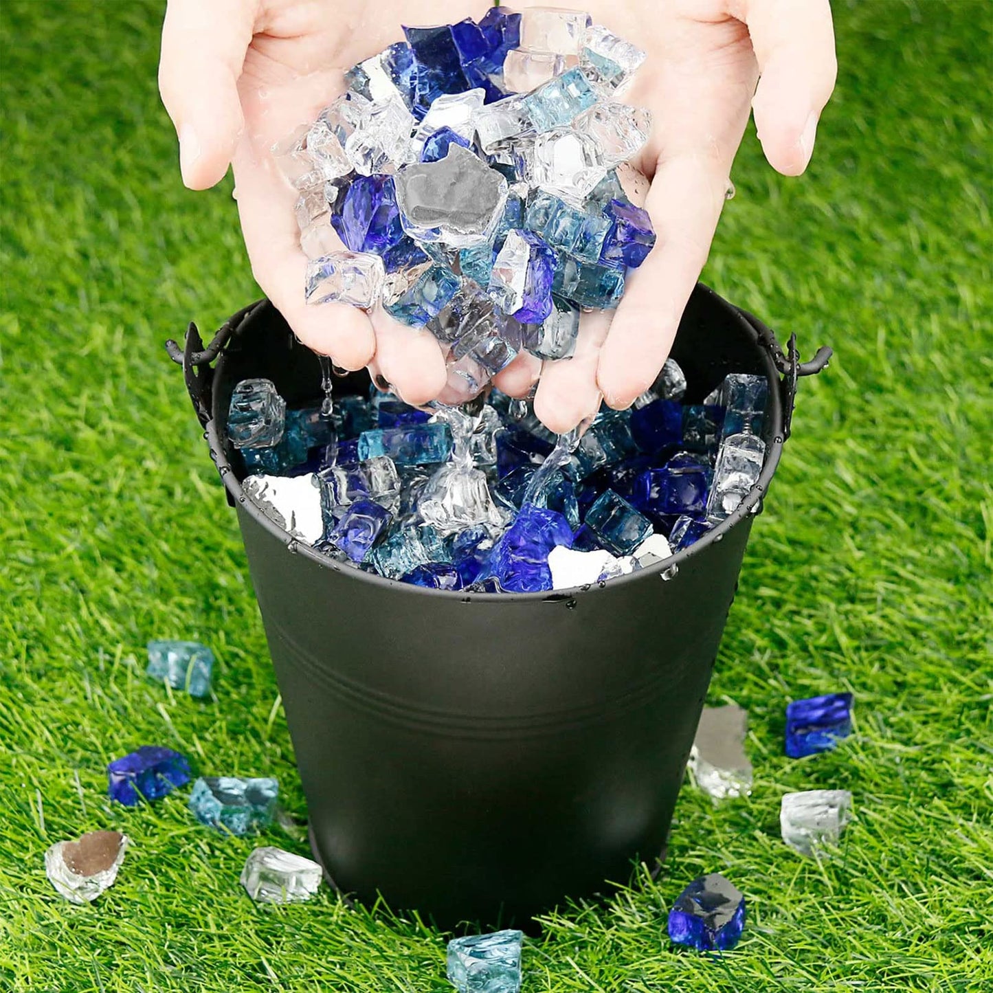 Grisun 10 Pound Fire Glass for Fire Pit - 1/2 inch Reflective Fire Glass Rocks, Decorative for Fireplace and Fire Table, Blend of Cobalt Blue, Caribbean Blue and Platinum