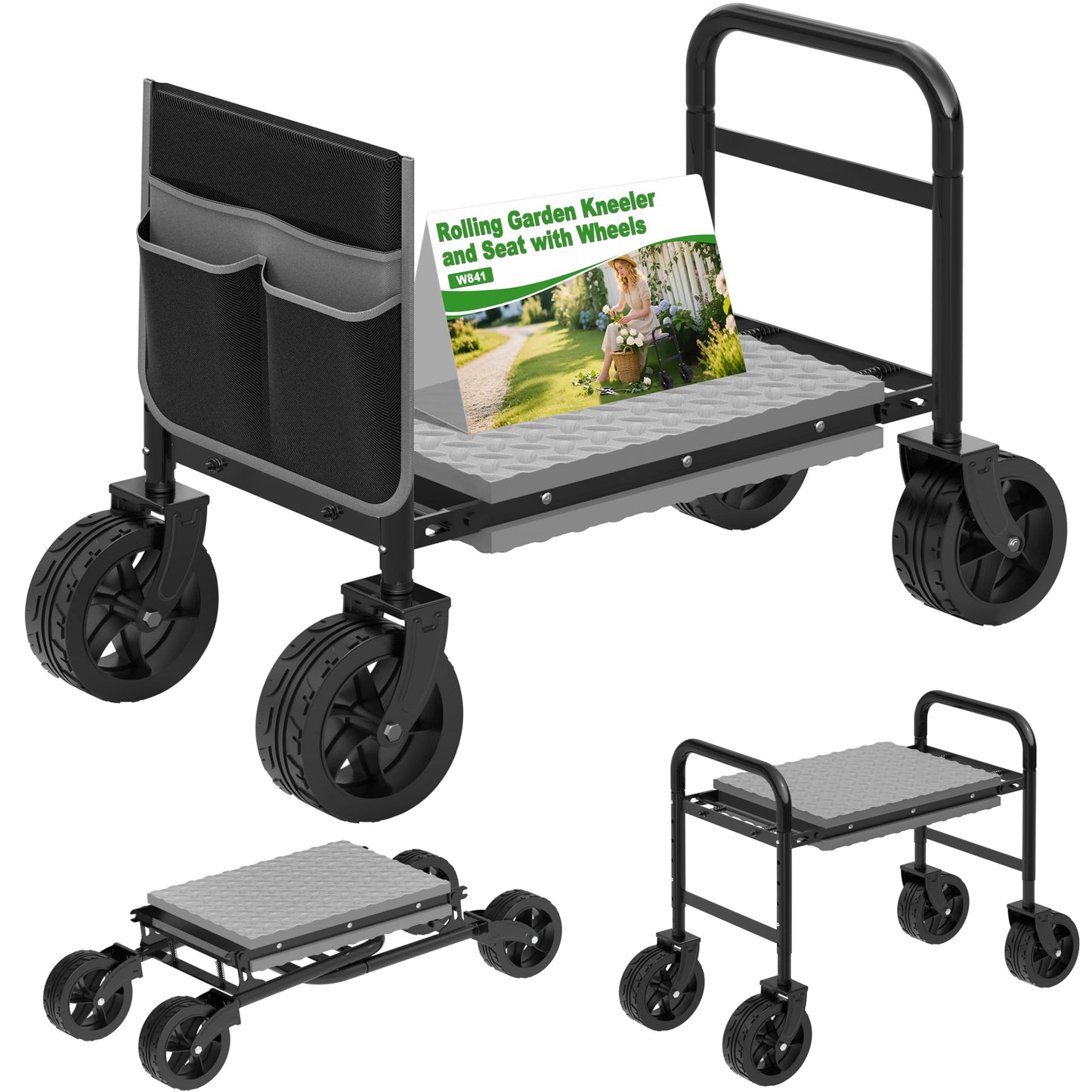 NIUXX Garden Kneeler and Seat with 360° Wheels: 3-in-1 Rolling Garden Stool with Extendable Legs - Foldable Garden Seat with Thick Pad & Tool Pouches - Heavy Duty Gardening Bench for Seniors