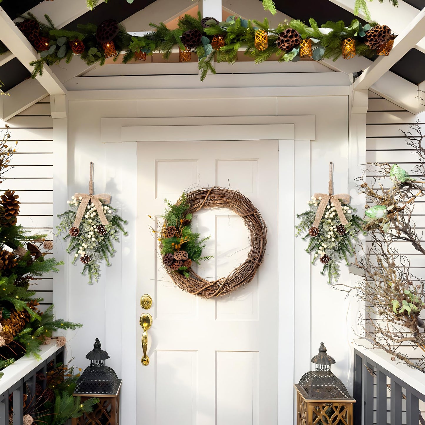 SY Super Bang 2PCS Christmas Decorations, 19Inch Artificial White Berry Front Door/Fireplace Hanging Decorations Include Linen Bow Green Plant, for Home Holiday Wall Party Xmas Decor.