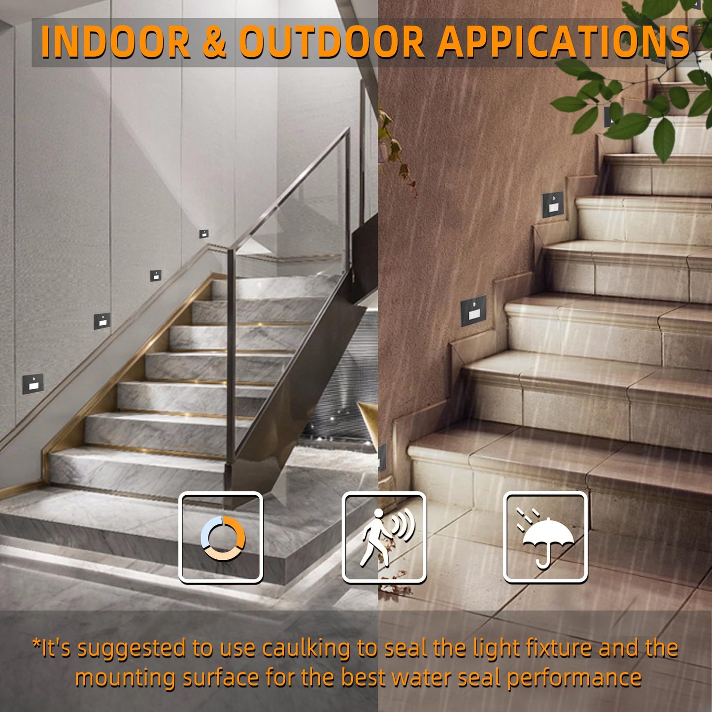 Jandov 4 Pack Motion Sensor Stair Lights Indoor Outdoor,Dimmable Motion Activated Step Lamp 3000K/4000K/6000K,Hardwired 120V 4W IP65 Waterproof Outside Stairway Light,Led Staircase Lights- Black
