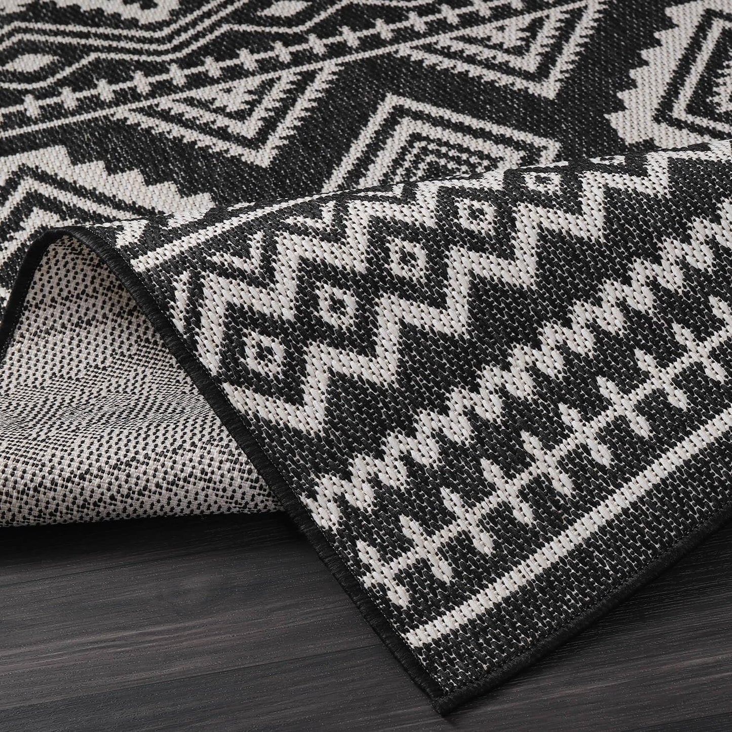 Beverly Rug Waikiki Boho Indoor Outdoor Rug 5x7, Washable Outside Carpet for Patio, Deck, Porch, Bohemian Area Rug, Farmhouse Rugs, Aztec Tribal Rug, Black and White