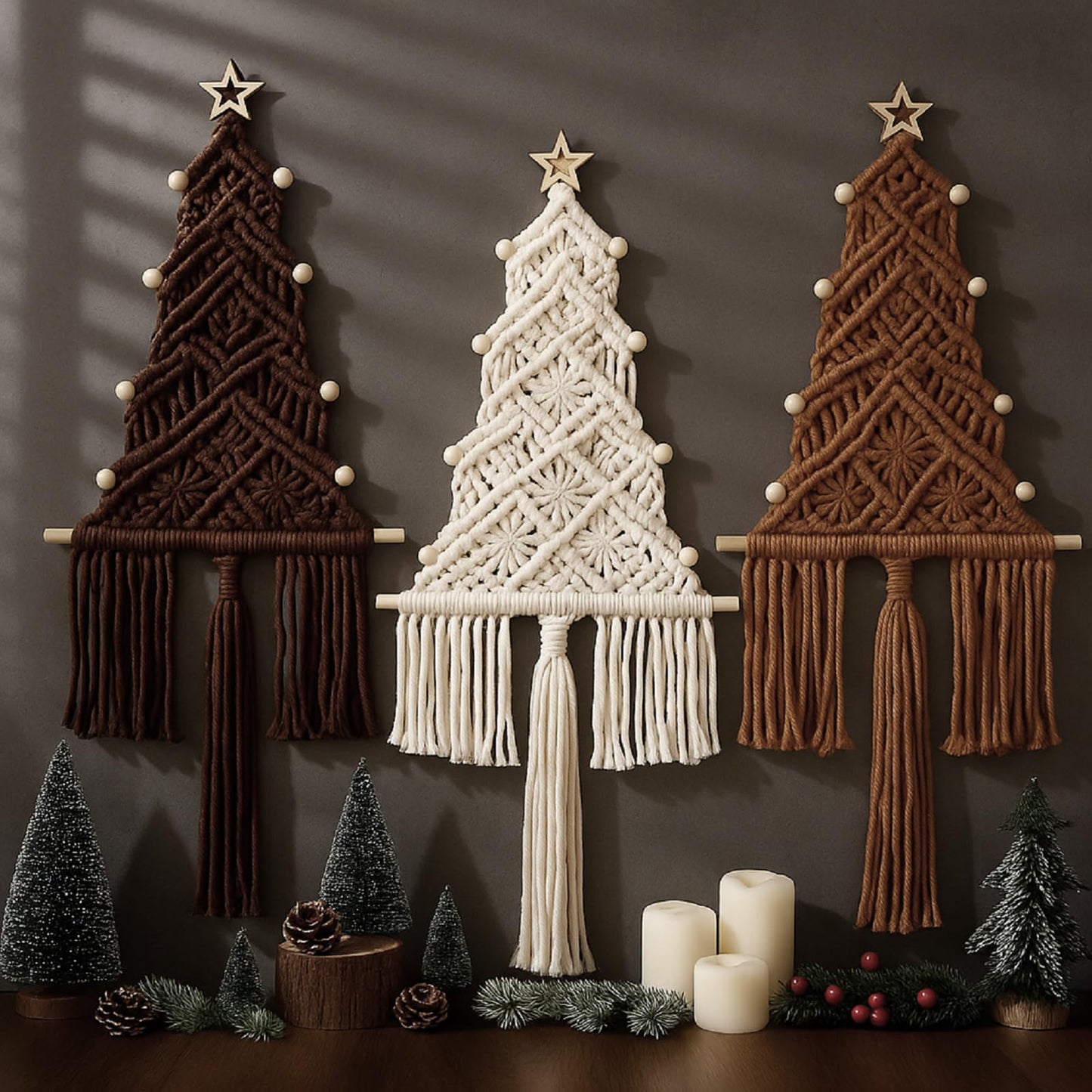 HunnmingRe Neutral Christmas Tree 3 Set Macrame Christmas Wall Decoration Hanging Ornaments Boho Wall Decor for Party Supplies