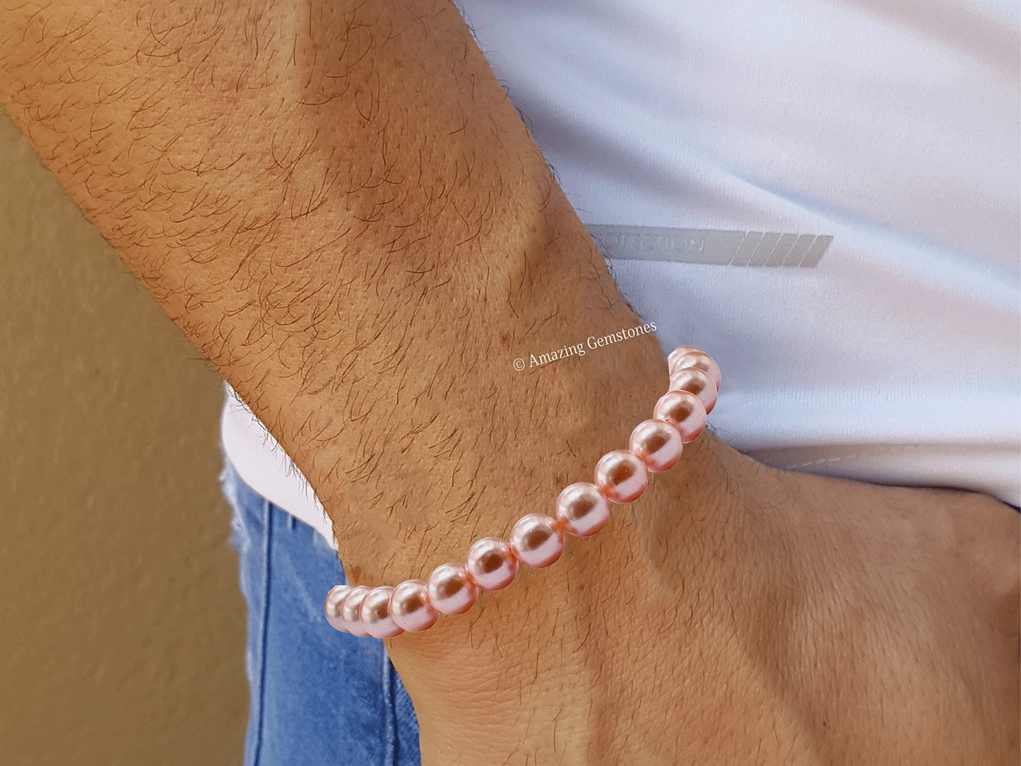 Amazing Gemstone Crystal Bracelet for Women Men's Gifts - Protection Healing Crystal Bracelet - 8mm Gemstone Beaded Stretchable Bracelet Pulseras Para Hombres Mujer Stocking Stuffers Mothers Day Gift (Peach Pearl)
