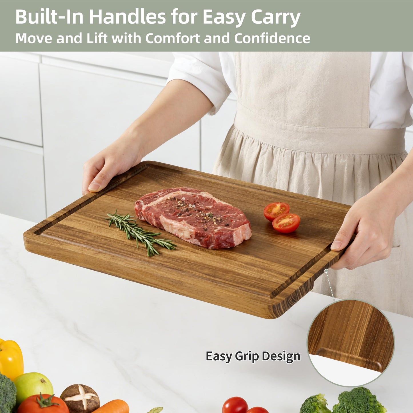 Teak Wood Cutting Board for Kitchen, Wooden Cutting Board with Juice Groove and Handles, Chopping Board Butcher Block for Meat, Vegetables, Bread and Cheese, 15.8 x 11 x 0.8 inch