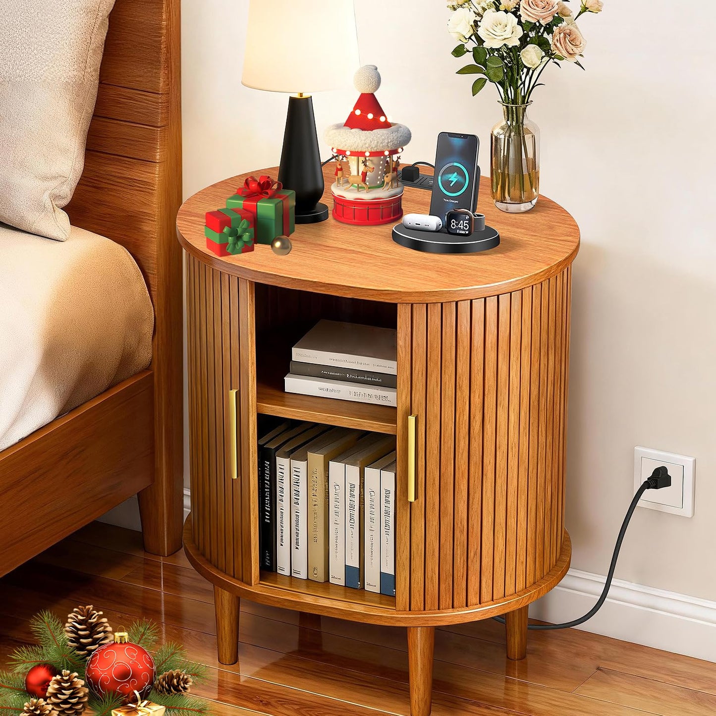 DHH Mid Century Modern Nightstand with Charging Station, Fluted Accent Side Table with Sliding Door & Adjustable Shelf, End Table for Small Space, Living Room, Bedroom,Sofa Couch(1, Yellow)