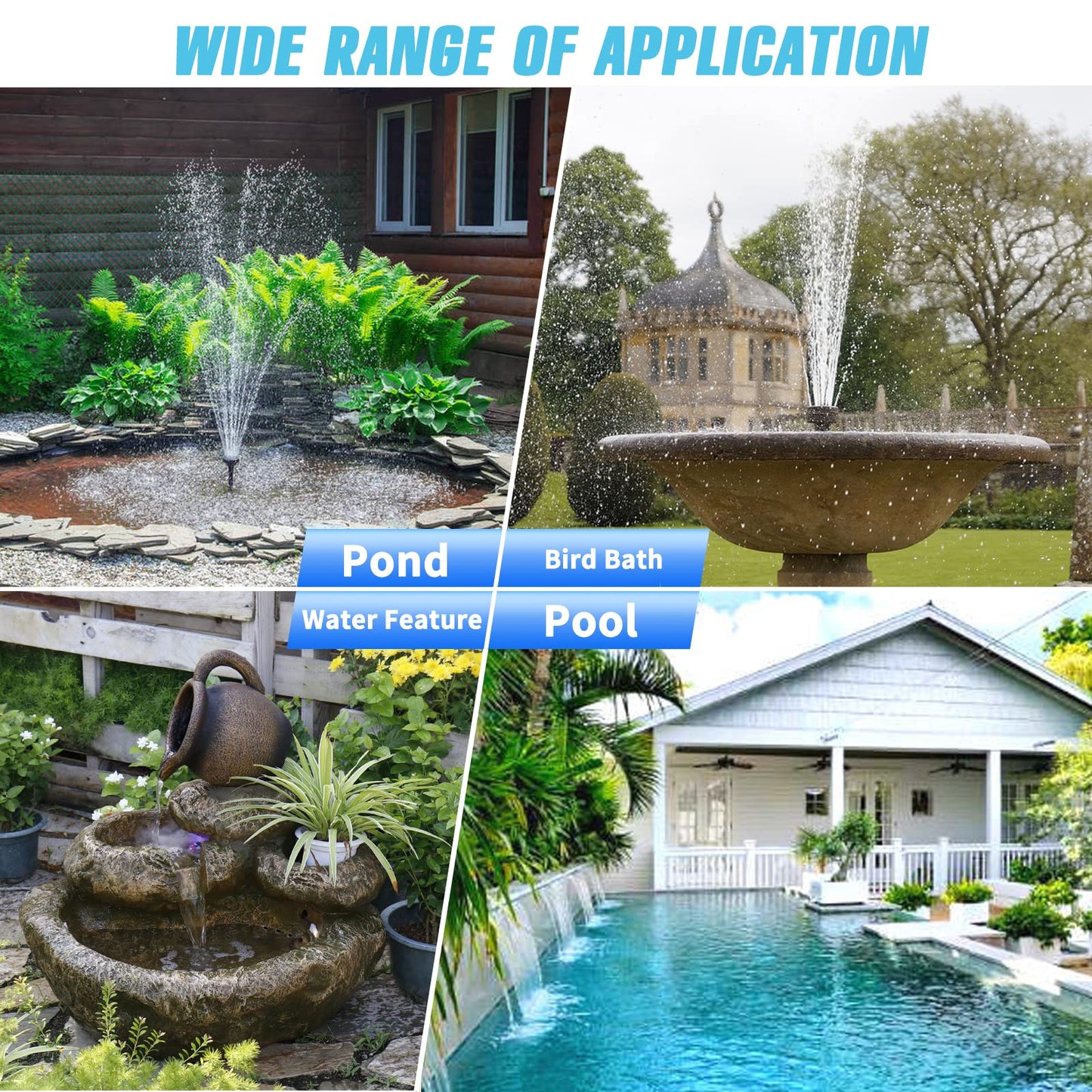 FEOXSHAL 15W Solar Fountain Pump, 190GPH Submersible Solar Powered Water Pump with Adjustable Flow & 4 Nozzles, Anti-Clog Barrier Bag for Bird Bath, Outdoor Pond, Garden Water Features, Pool