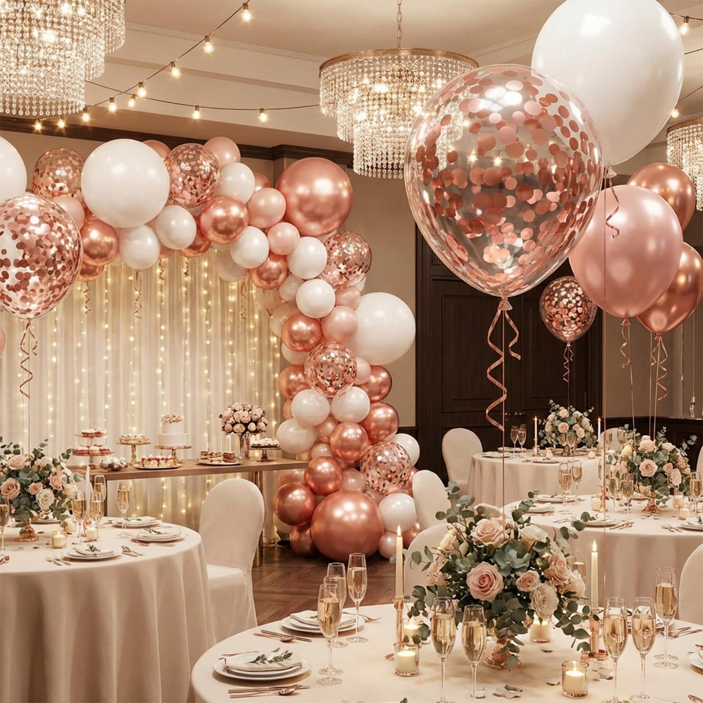 Hiquaty Rose Gold Balloons,60pcs Rose Gold and White Balloons 12 Inch,Rose Gold Ribbon for New Year Wedding Bridal Shower Party Decorations