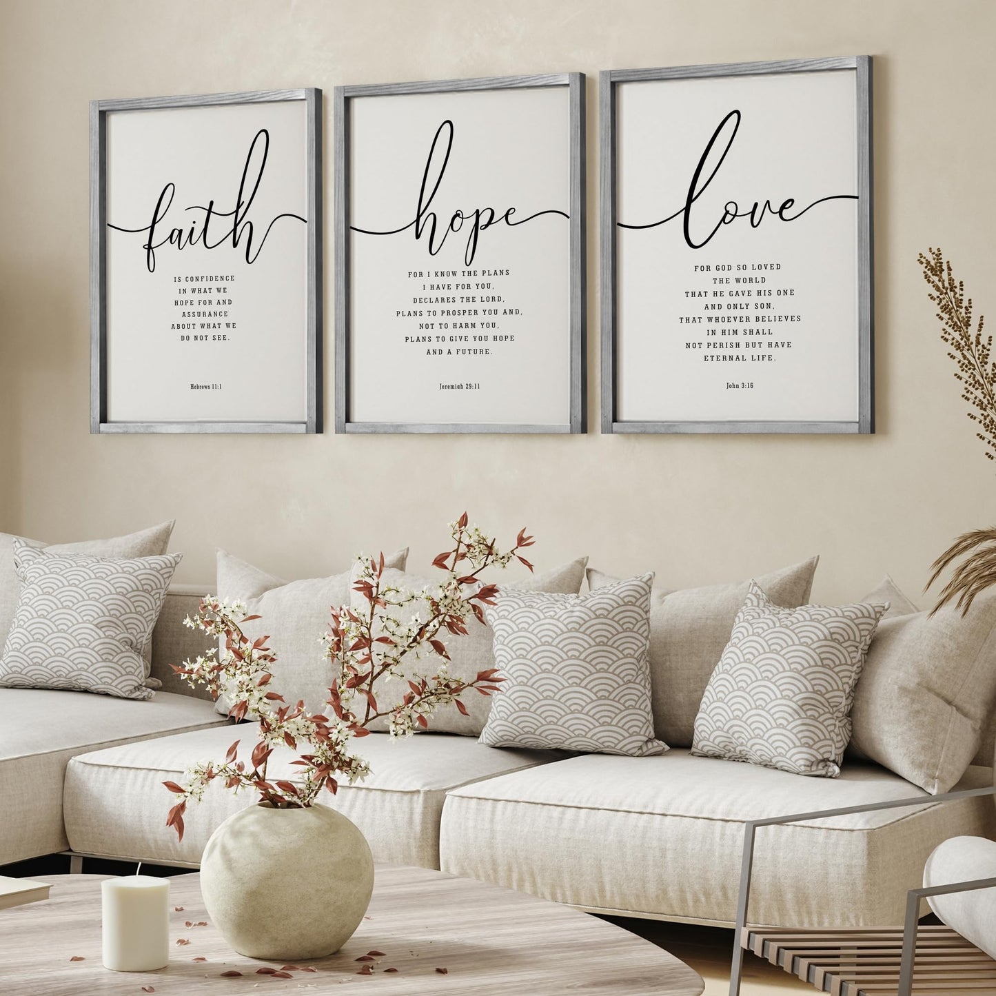 Houmury Set of 3 Framed Farmhouse Bible Verses Wall Decor Sign 11”x14” Christian Faith Scripture Wall Art for Home Living Room Bedroom Wall Decor (11"x14" Grey)