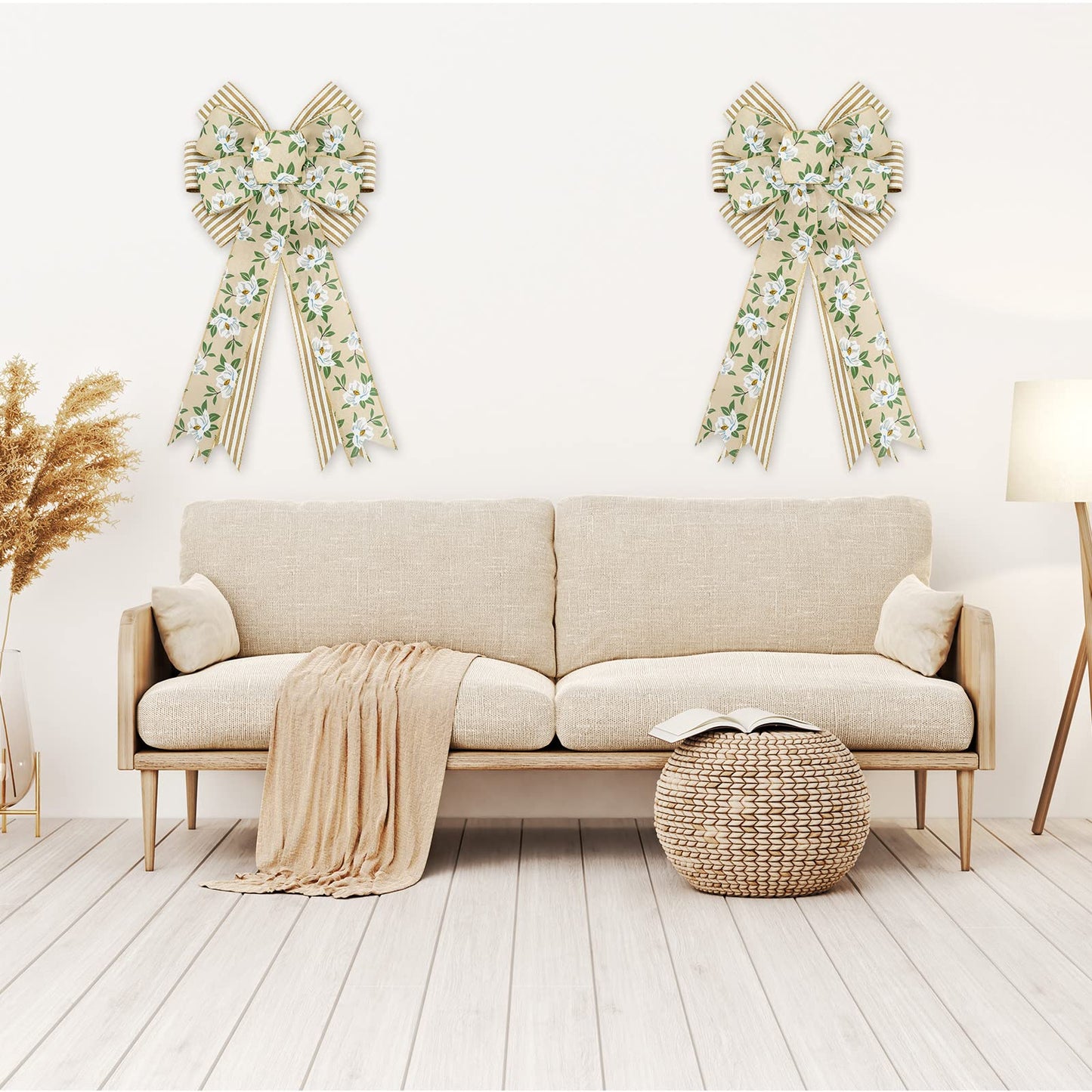 Whaline 2 Pack Spring Flower Wreath Bow Magnolia Floral Rustic Burlap Wired Edge Bow 11 x 21 Inch Large Spring Summer Farmhouse Wreath Bows Decor for Indoor Outdoor Wall Home Party Decoration